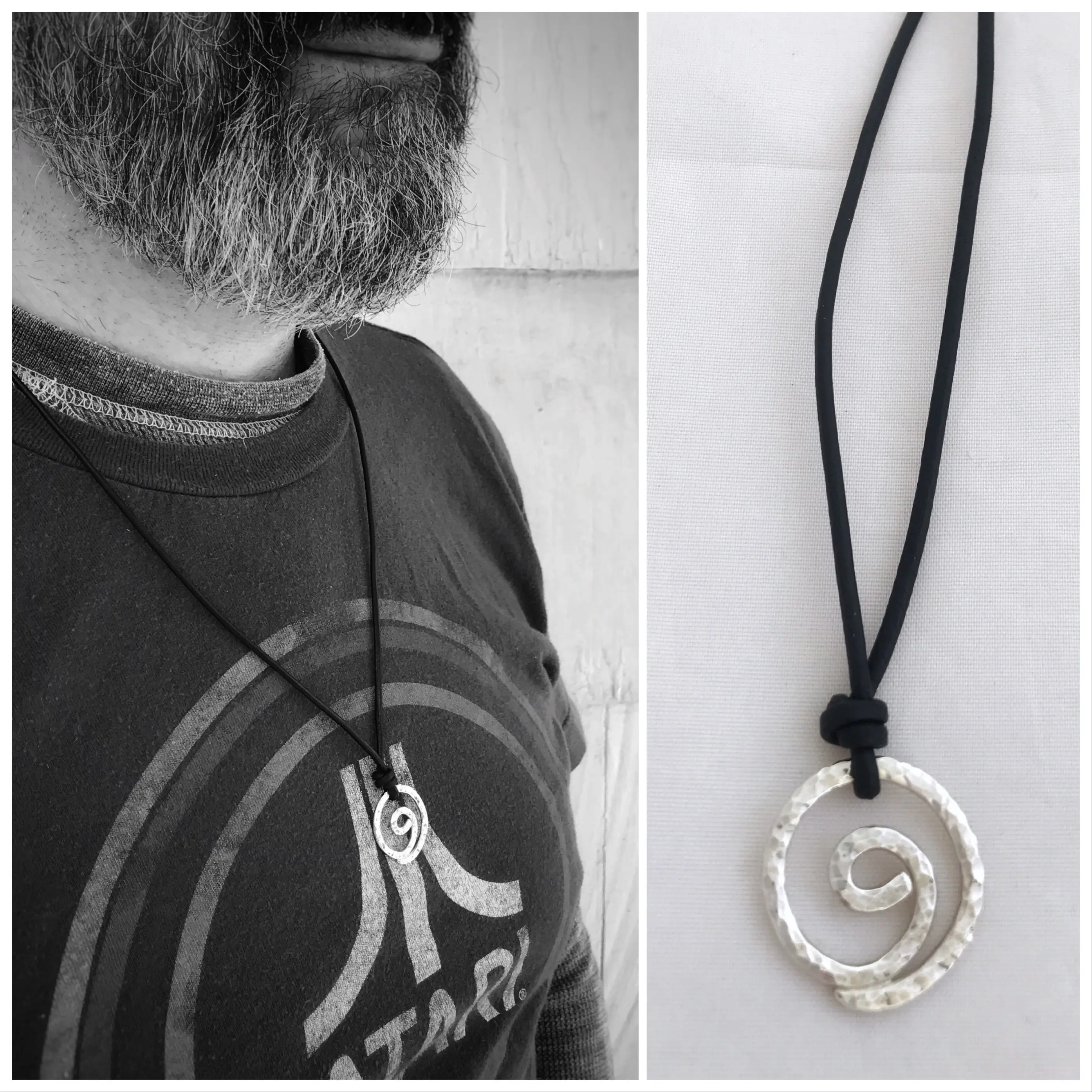 Men's Gratitude Symbol Necklace / Solid Sterling Silver / Large Gratitude Spiral / Hammer Forged / Adjustable Leather Cord