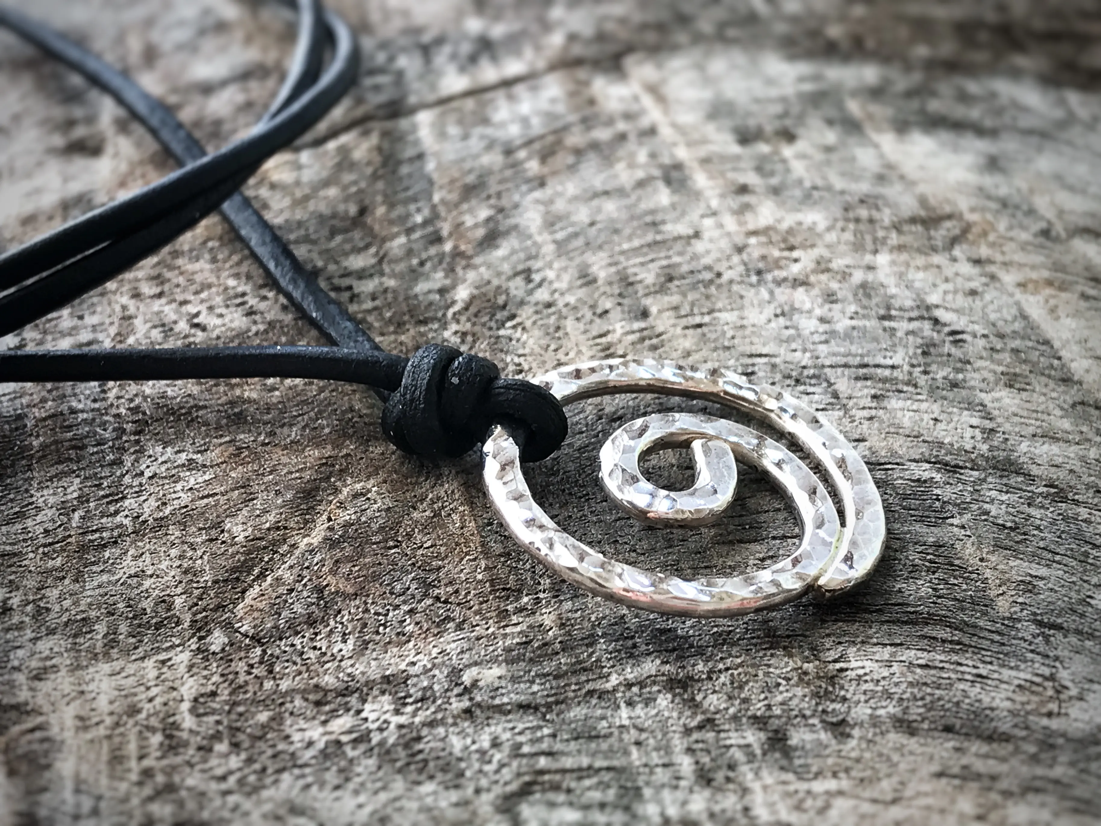 Men's Gratitude Symbol Necklace / Solid Sterling Silver / Large Gratitude Spiral / Hammer Forged / Adjustable Leather Cord - Image 4