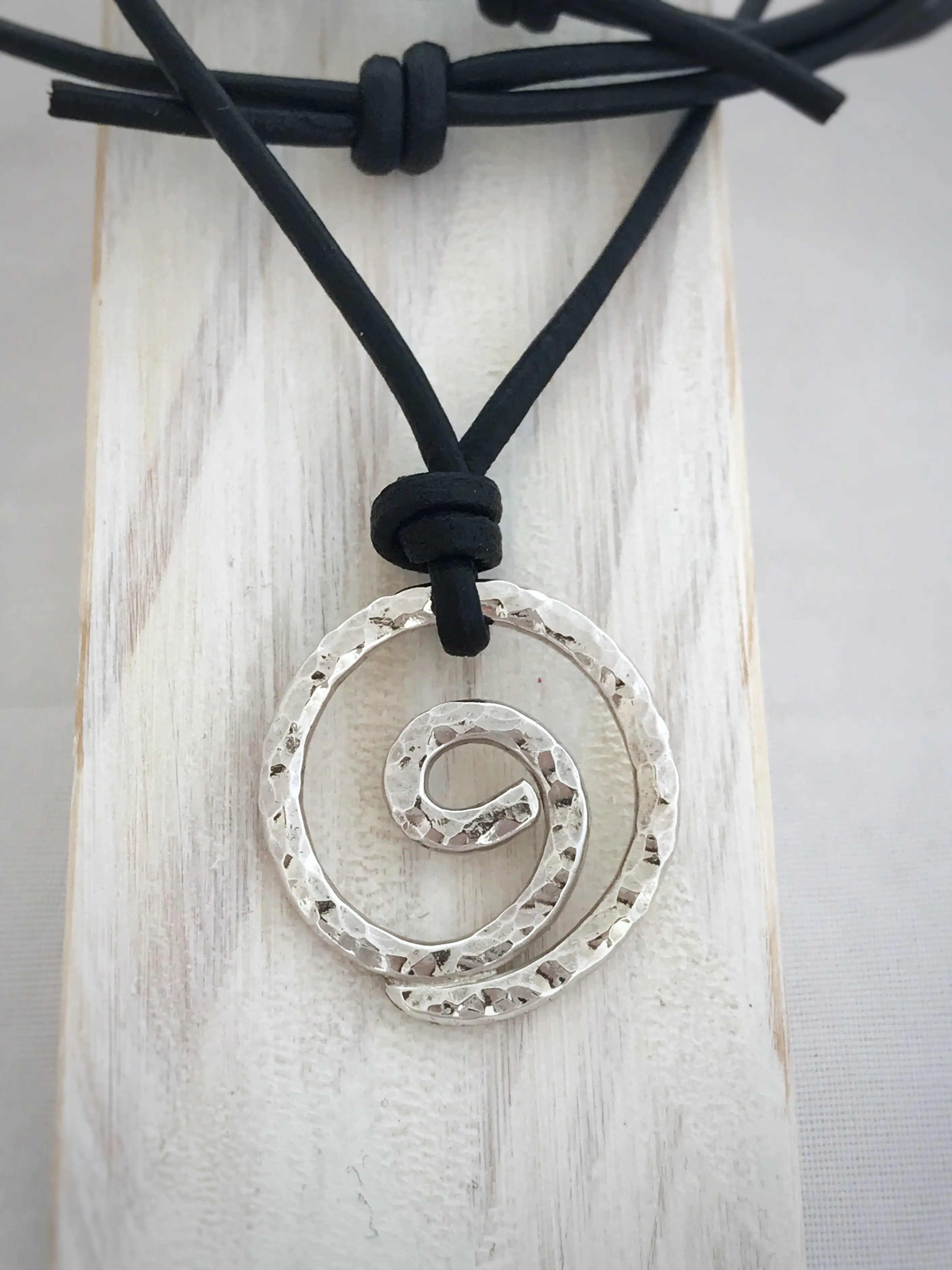 Men's Gratitude Symbol Necklace / Solid Sterling Silver / Large Gratitude Spiral / Hammer Forged / Adjustable Leather Cord - Image 2