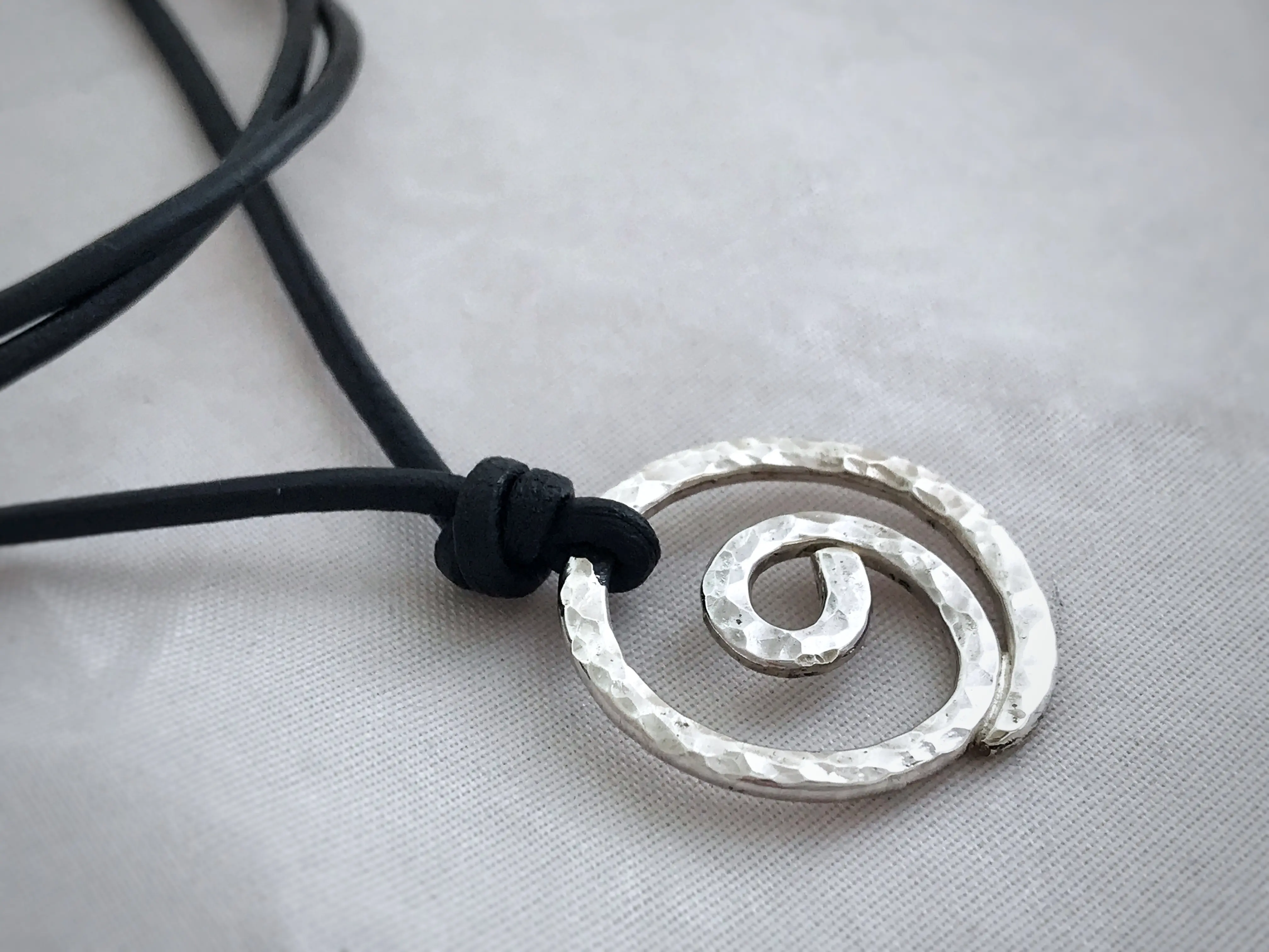 Men's Gratitude Symbol Necklace / Solid Sterling Silver / Large Gratitude Spiral / Hammer Forged / Adjustable Leather Cord - Image 5