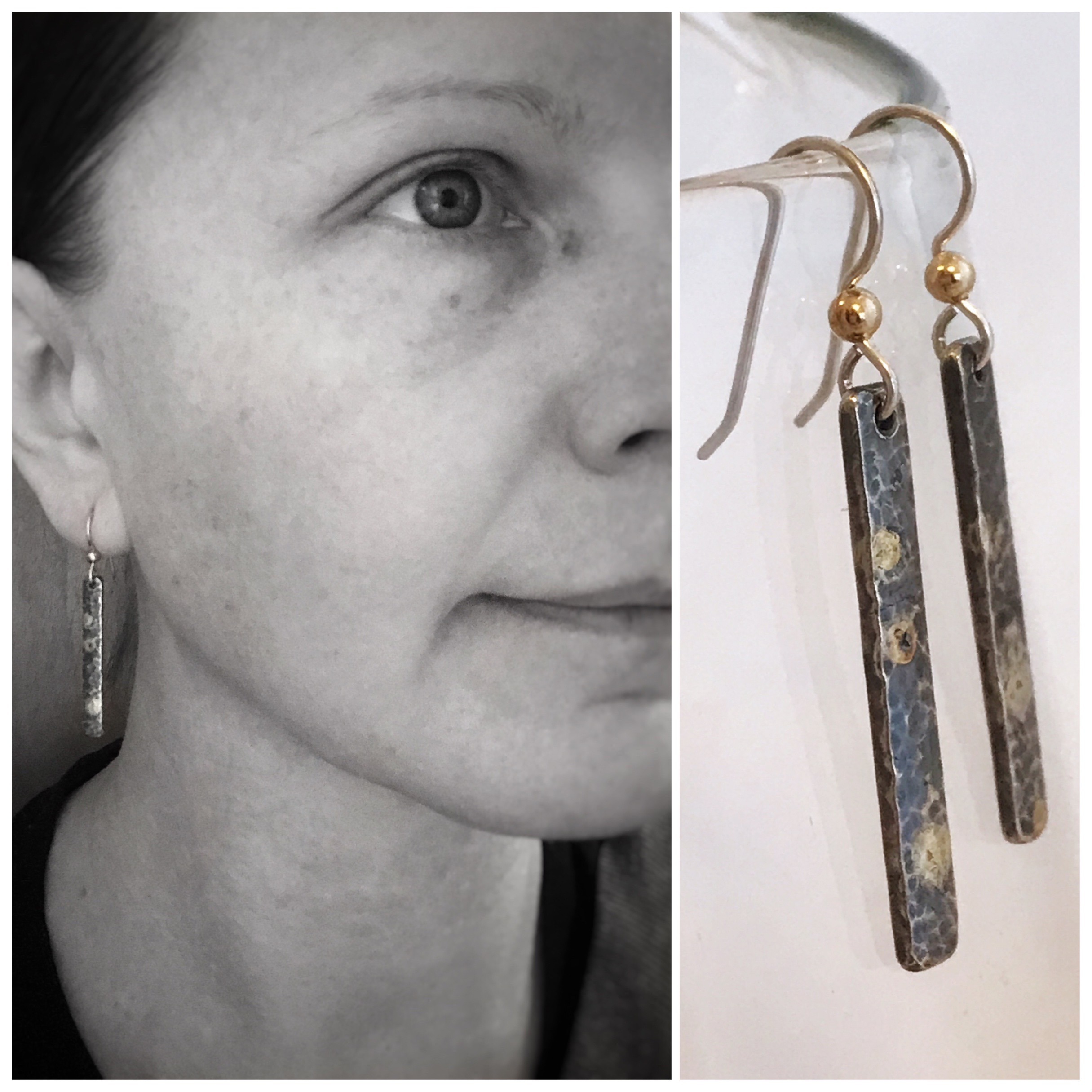 Sterling Silver 18k gold Bar Earrings – “Firefly Earrings” – Hammer forged rustic texture