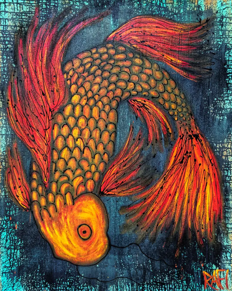 "The Joy Of Koi" Signed Print On Giclee Velvet Watercolor Paper Or Artist Enhanced Print On Wood By Artist Rafi Perez - Image 6