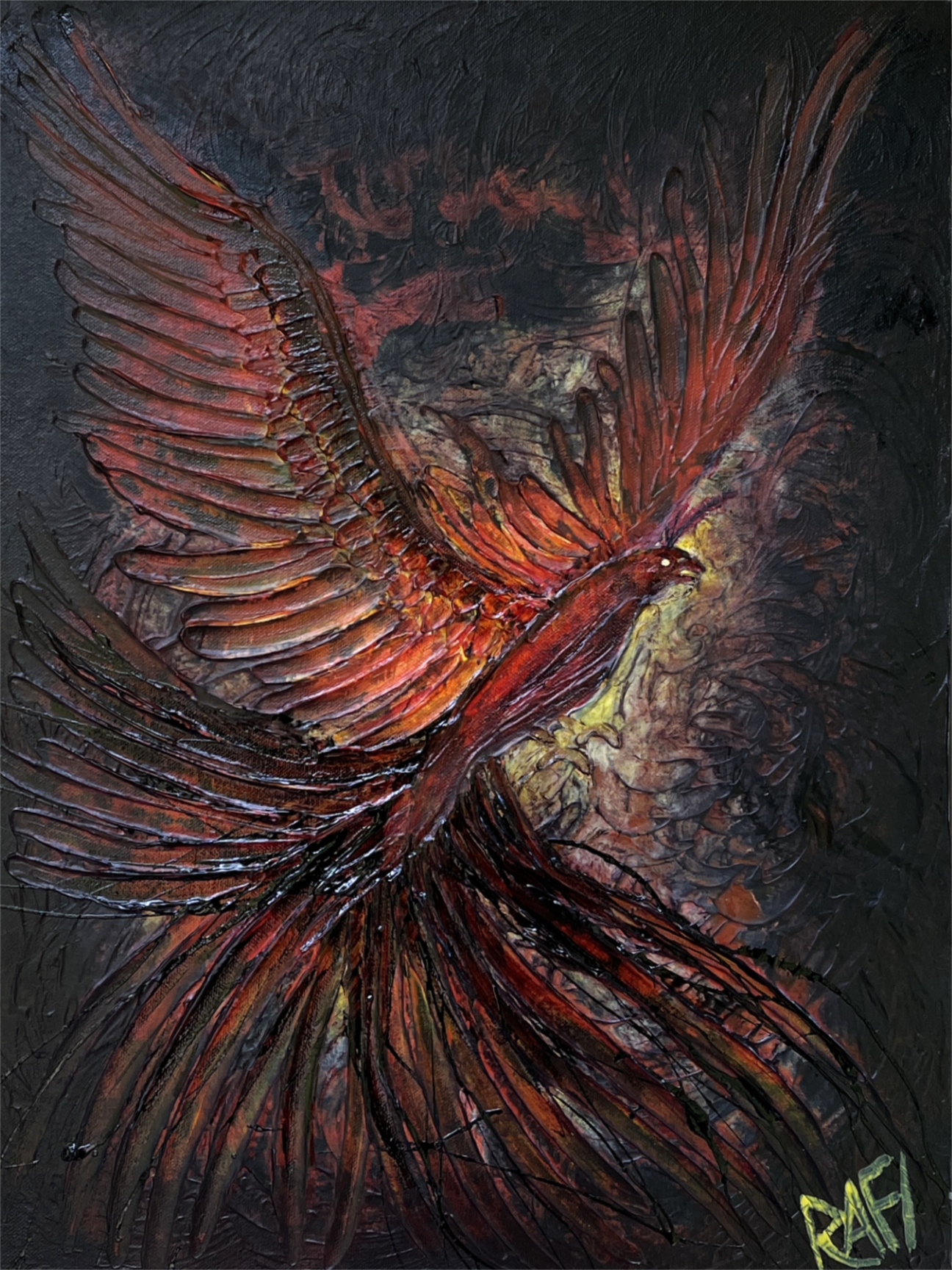 Into The Flames Original Painting Art By Artist Rafi Perez Mixed Medium On Canvas 18×24