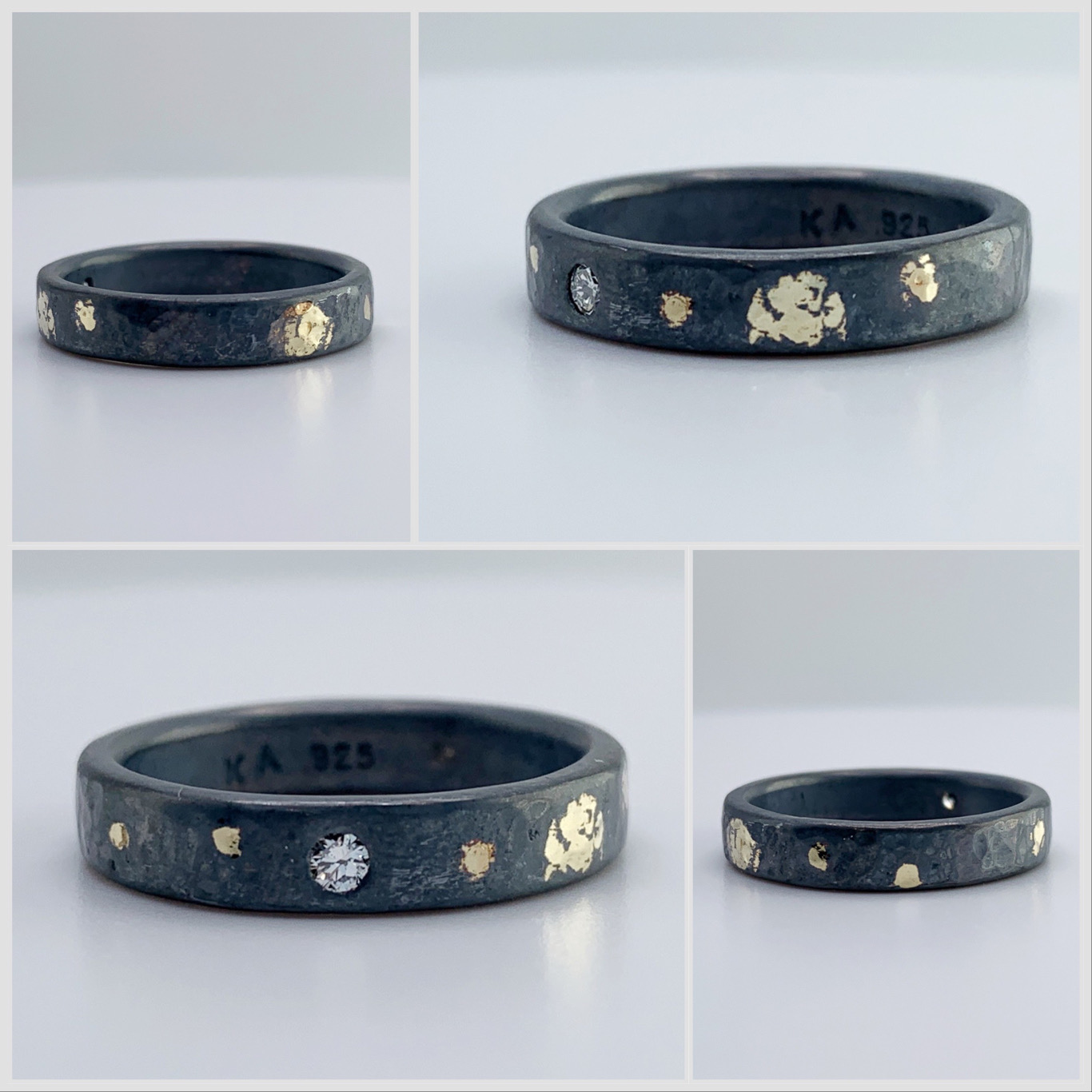 "Stargazer" Diamond Ring / Solid Antiqued Sterling Silver / 18k Gold / Genuine Diamond / 4mm Width / Rustic Hammered Texture / Size 7.5 - Image 9