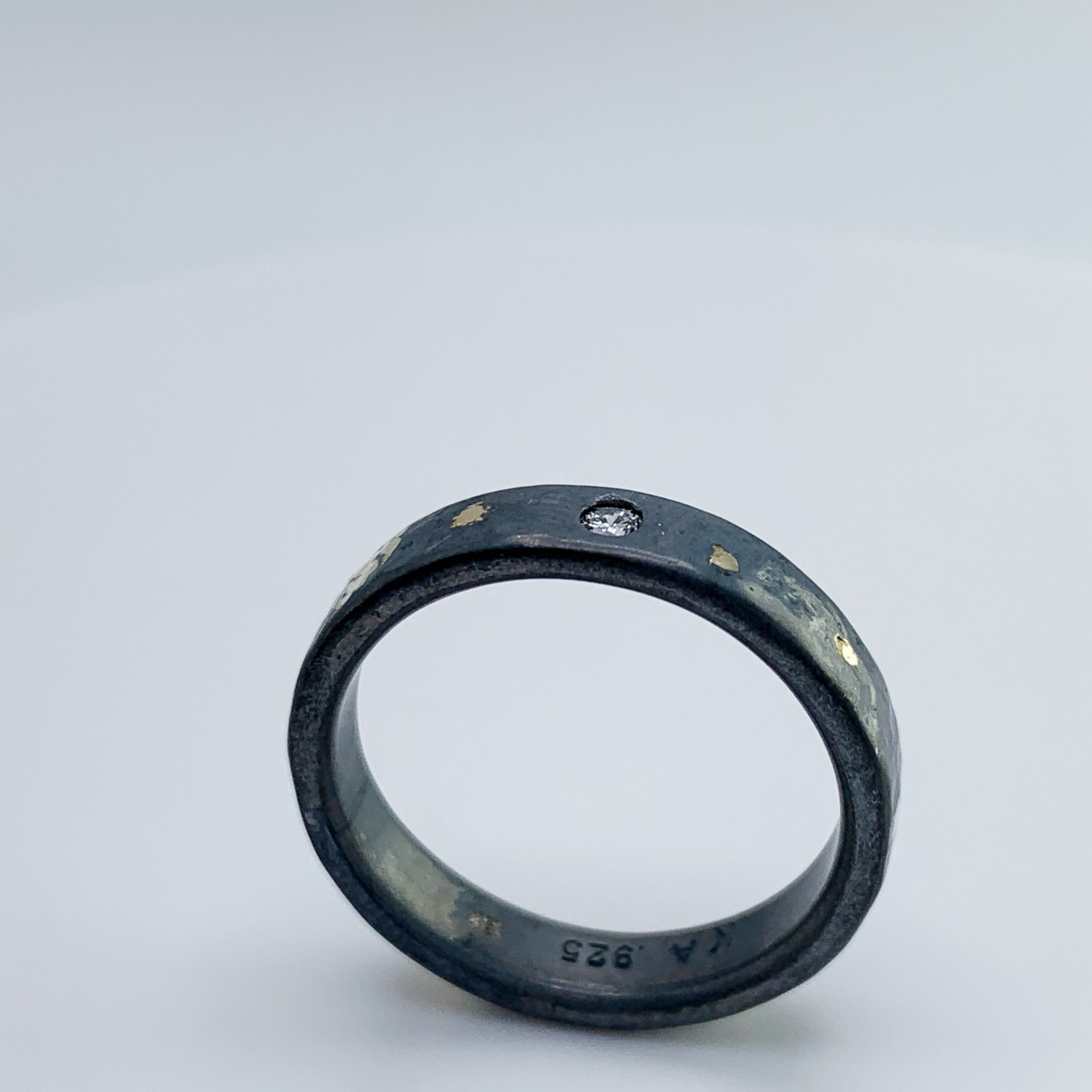 "Stargazer" Diamond Ring / Solid Antiqued Sterling Silver / 18k Gold / Genuine Diamond / 4mm Width / Rustic Hammered Texture / Size 7.5 - Image 8