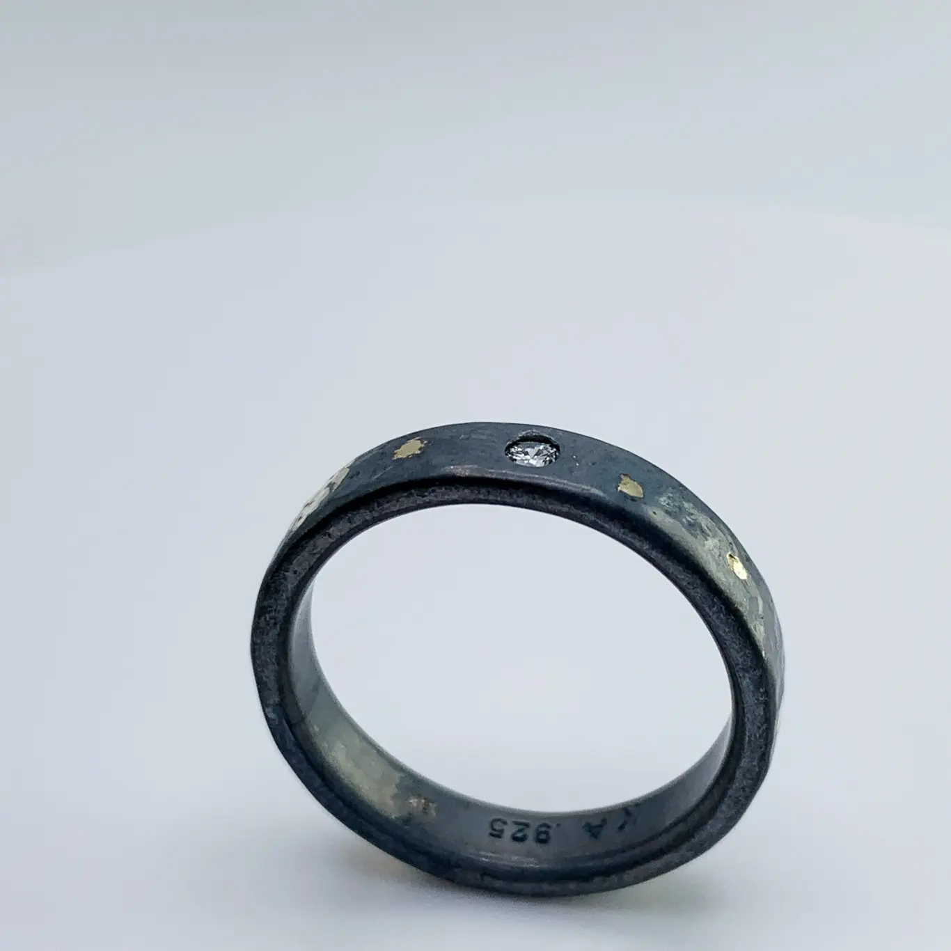 "Stargazer" Diamond Ring / Solid Antiqued Sterling Silver / 18k Gold / Genuine Diamond / 4mm Width / Rustic Hammered Texture / Size 7.5 - Image 8
