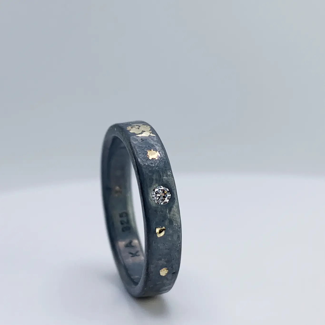 "Stargazer" Diamond Ring / Solid Antiqued Sterling Silver / 18k Gold / Genuine Diamond / 4mm Width / Rustic Hammered Texture / Size 7.5 - Image 6