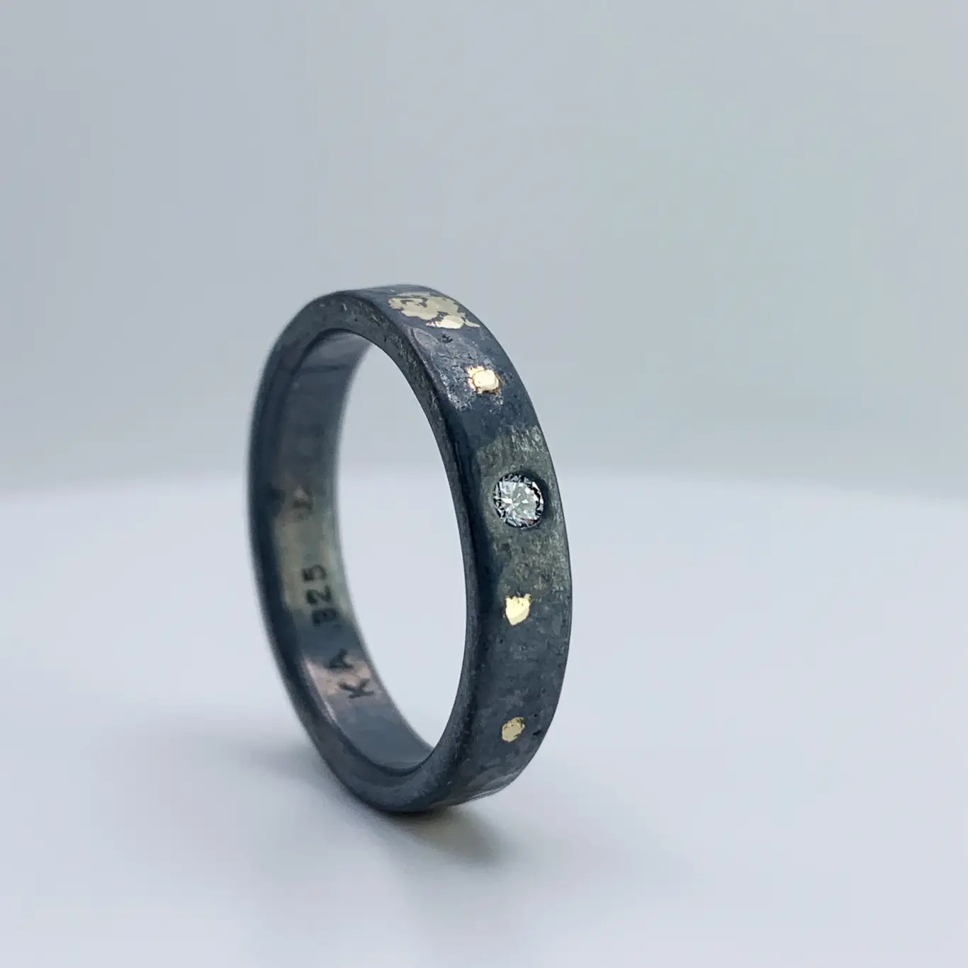"Stargazer" Diamond Ring / Solid Antiqued Sterling Silver / 18k Gold / Genuine Diamond / 4mm Width / Rustic Hammered Texture / Size 7.5 - Image 7