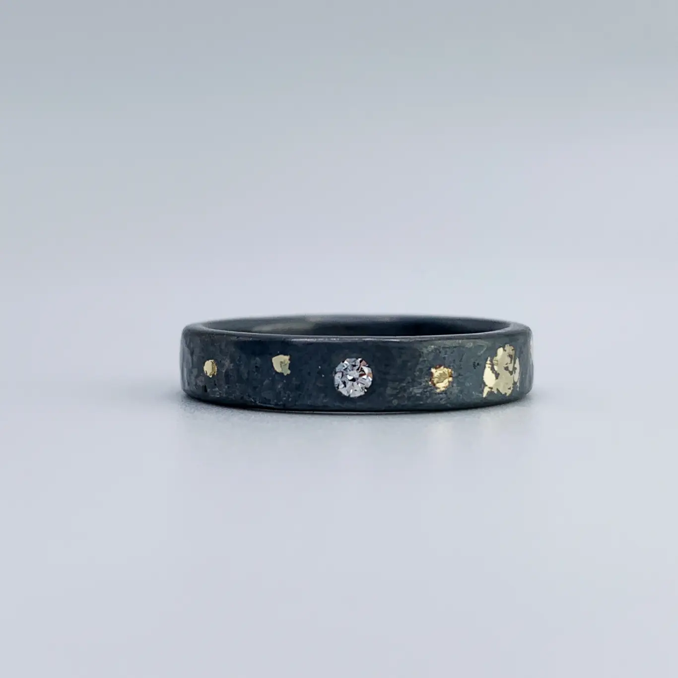 "Stargazer" Diamond Ring / Solid Antiqued Sterling Silver / 18k Gold / Genuine Diamond / 4mm Width / Rustic Hammered Texture / Size 7.5