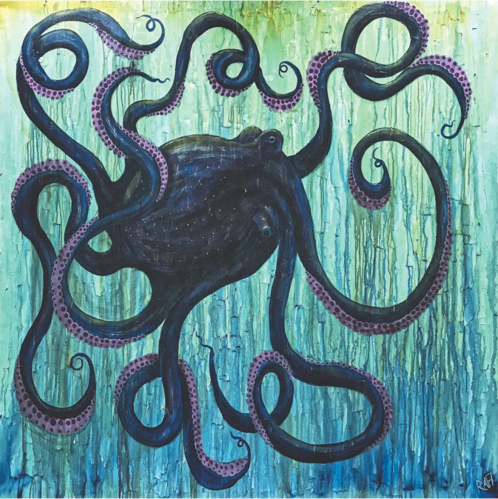 A colorful mural of an octopus with prominent tentacles against a textured blue and green background.