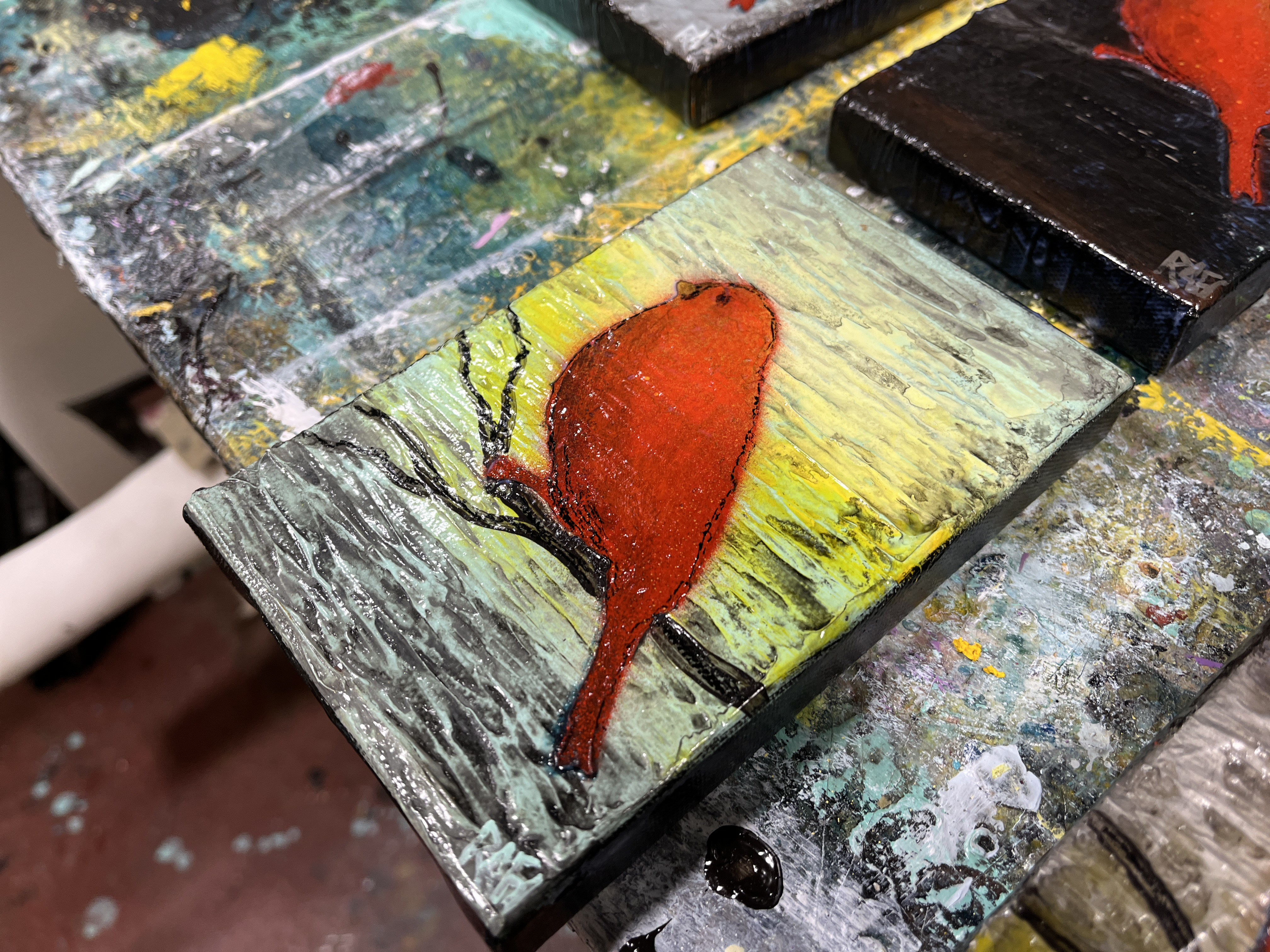Red Bird In The Morning By Artist Rafi Perez Mini Art On Gallery Wrapped Canvas 4X6 - Image 3