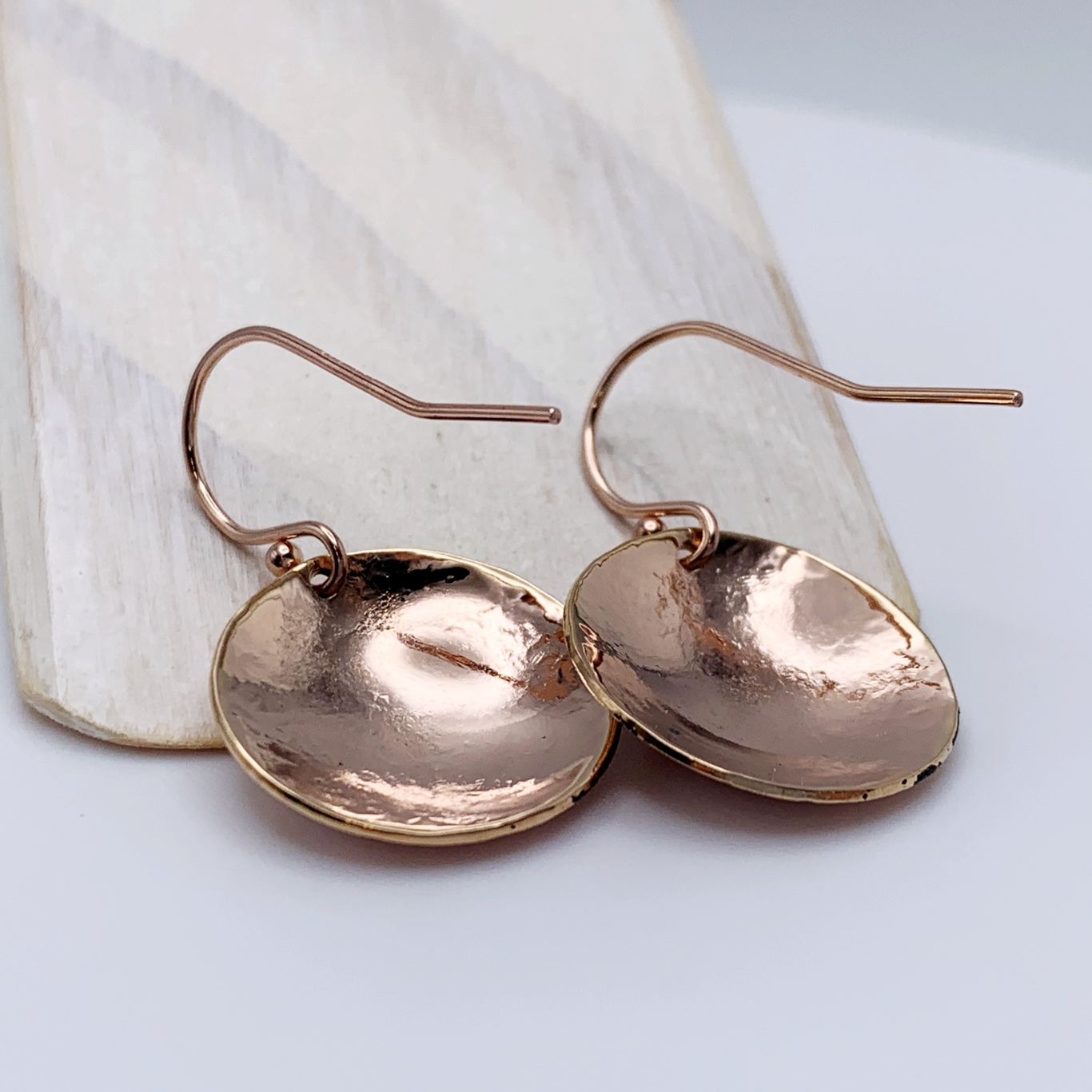 Shield Earrings / 14k Rose Gold Filled / Convex Domed Disks / Rustic Hammered Texture - Image 5