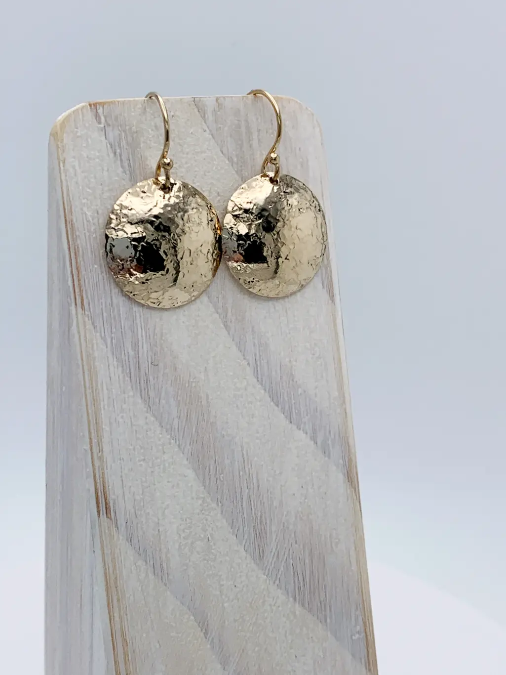 Shield Earrings / 14k Yellow Gold Filled / Convex Domed Disks / Rustic Hammered Texture - Image 3