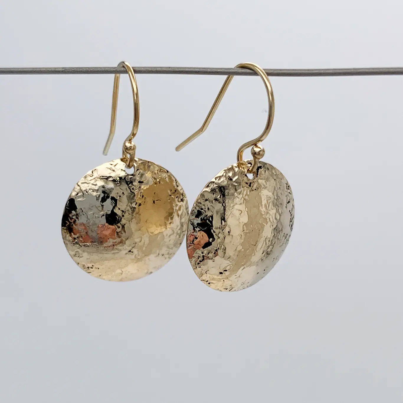 Shield Earrings / 14k Yellow Gold Filled / Convex Domed Disks / Rustic Hammered Texture - Image 8
