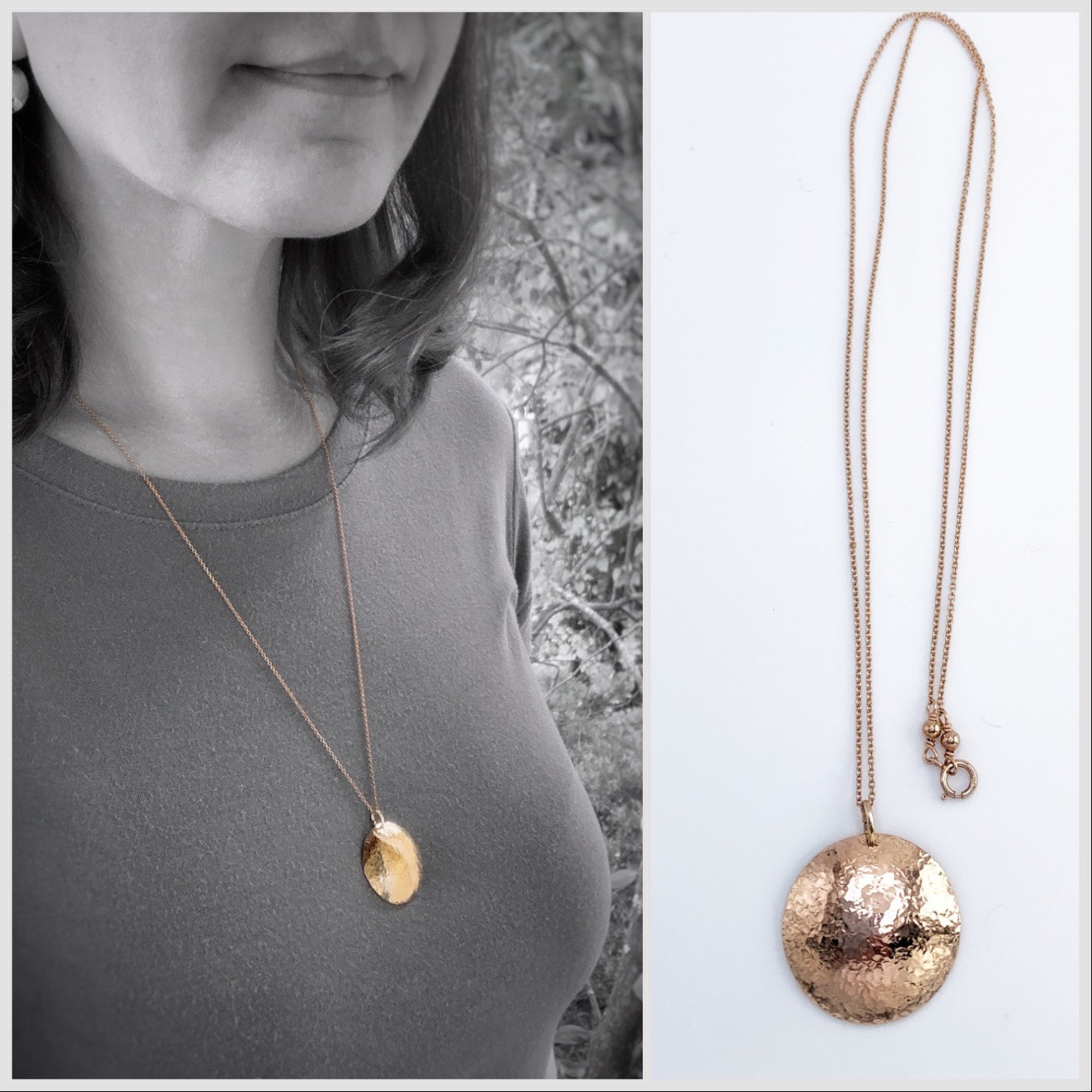Shield Necklace / 14k Rose Gold Filled / Large Convex Domed Disk / Rustic Hammered Texture / Touchstone Necklace