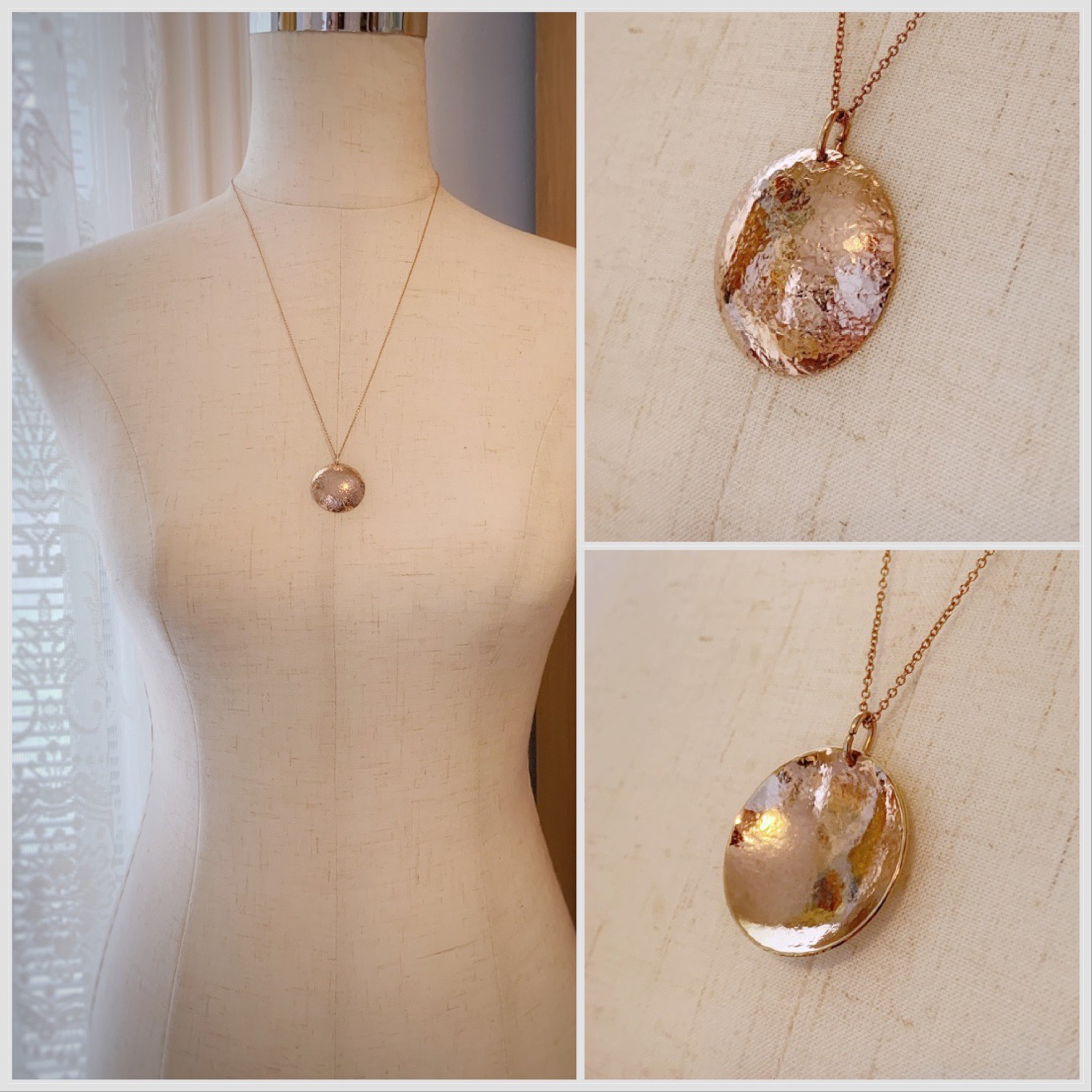 Shield Necklace / 14k Rose Gold Filled / Large Convex Domed Disk / Rustic Hammered Texture / Touchstone Necklace - Image 8