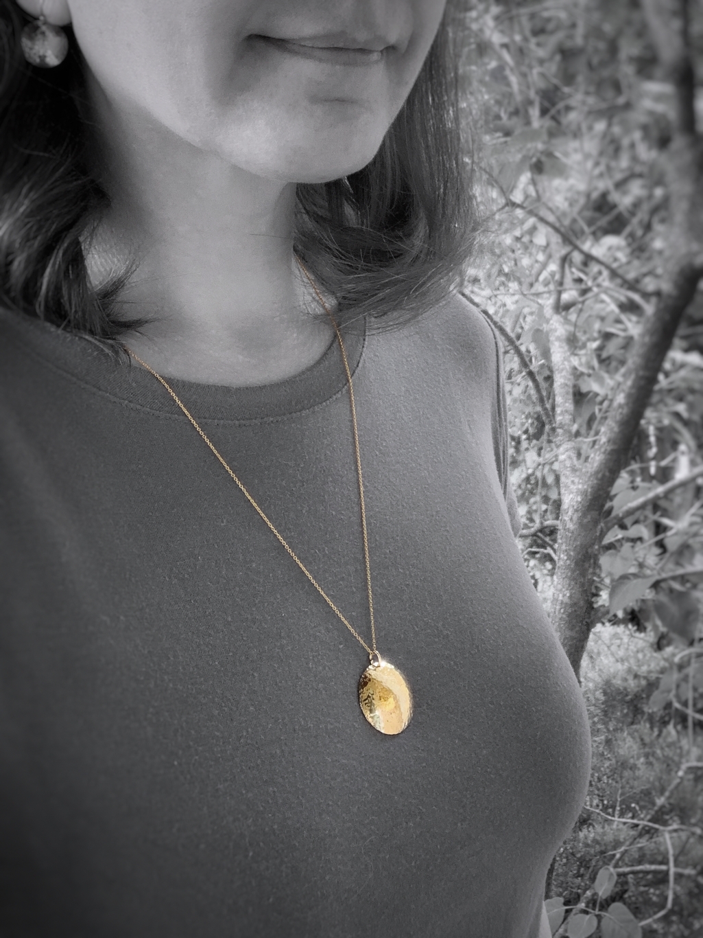 Shield Necklace / 14k Yellow Gold Filled / Large Convex Domed Disk / Rustic Hammered Texture / Touchstone Necklace - Image 9
