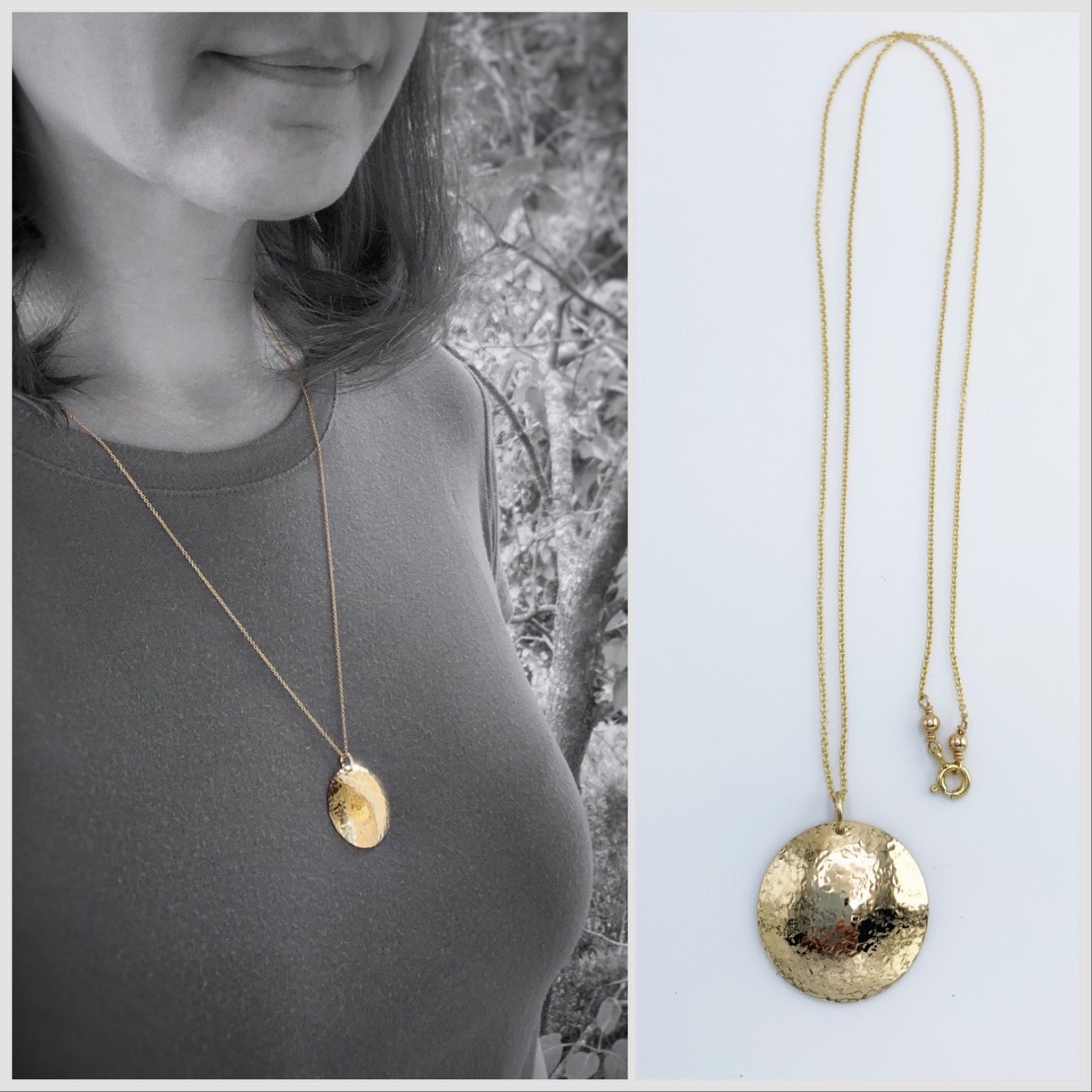 Shield Necklace / 14k Yellow Gold Filled / Large Convex Domed Disk / Rustic Hammered Texture / Touchstone Necklace