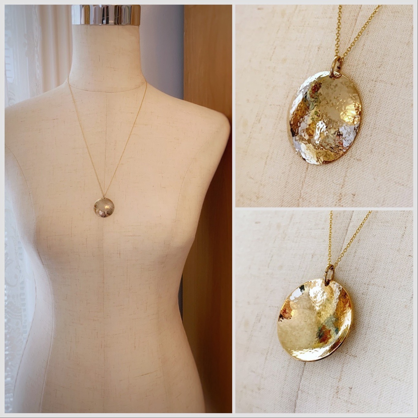 Shield Necklace / 14k Yellow Gold Filled / Large Convex Domed Disk / Rustic Hammered Texture / Touchstone Necklace - Image 8