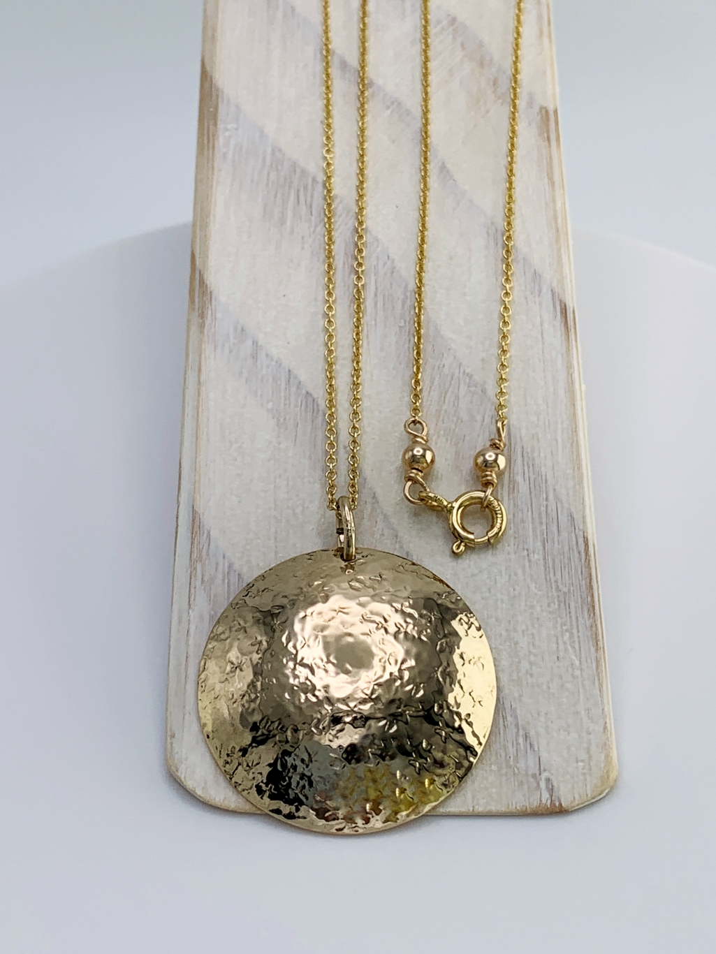 Shield Necklace / 14k Yellow Gold Filled / Large Convex Domed Disk / Rustic Hammered Texture / Touchstone Necklace - Image 6