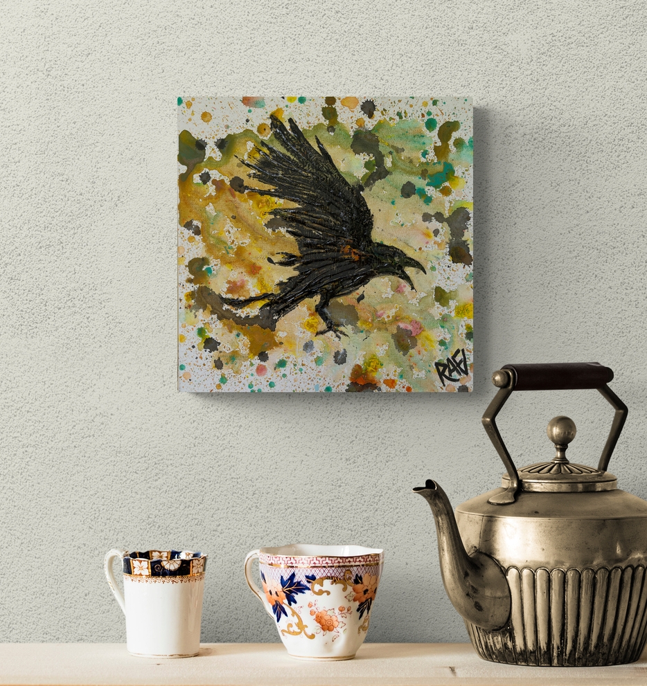 The Raven's Transformation No.2 By Artist Rafi Perez Original Art On Gallery Wrapped Canvas 12X12 - Image 2