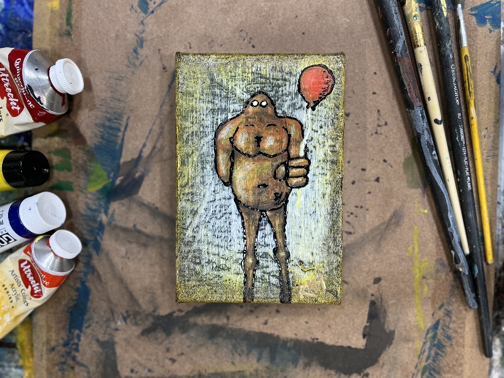Me And It Series Art - Argg Red Balloon - Mixed Medium On Mini Stretched Canvas 4X6 By Rafi Perez - Image 2