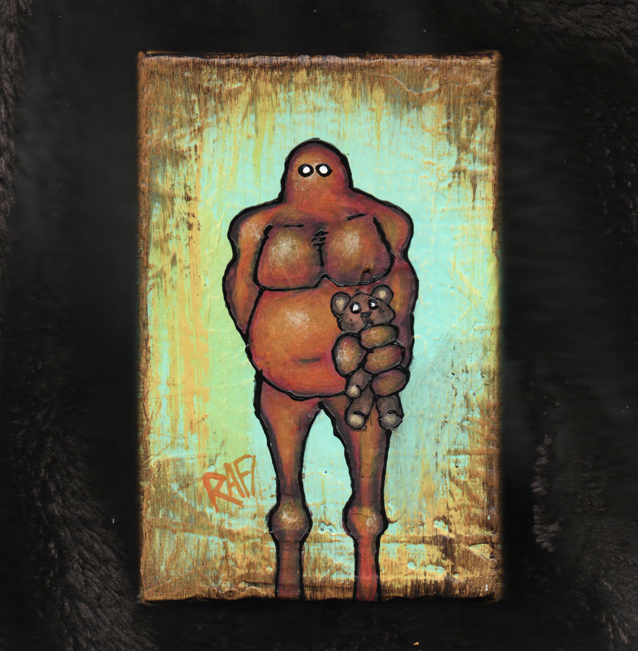 Me And It Series Art – Teddy Bear – Mixed Medium On Mini Stretched Canvas 4X6 By Rafi Perez