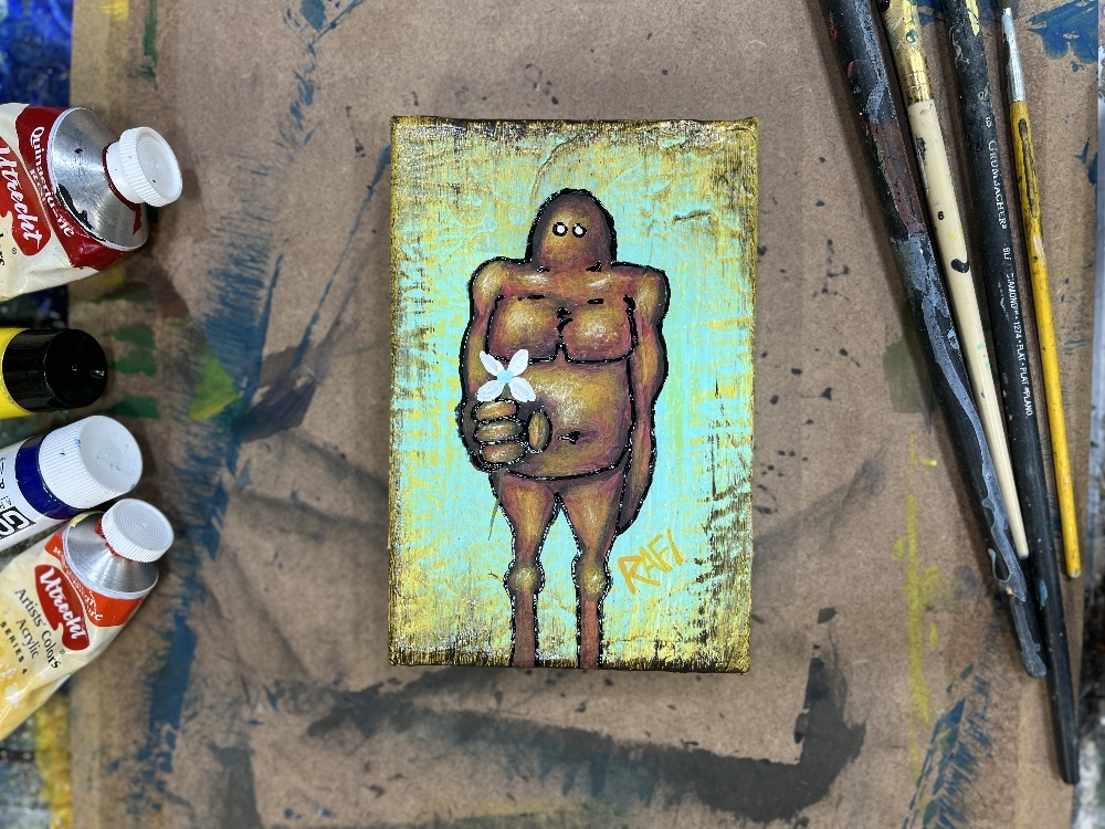 Me And It Series Art - White Flower - Mixed Medium On Mini Stretched Canvas 4X6 By Rafi Perez - Image 2
