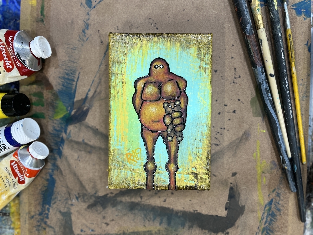 Me And It Series Art - Teddy Bear - Mixed Medium On Mini Stretched Canvas 4X6 By Rafi Perez - Image 4