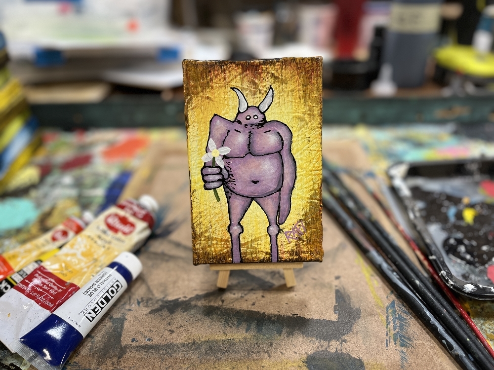 Me And It Series Art - Horns - Mixed Medium On Mini Stretched Canvas 4X6 By Rafi Perez - Image 4