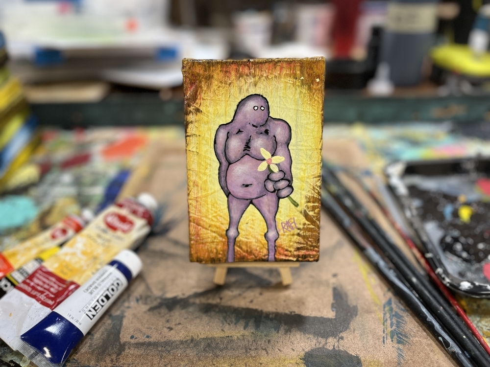 Me And It Series Art - Yellow Flower - Mixed Medium On Mini Stretched Canvas 4X6 By Rafi Perez - Image 3