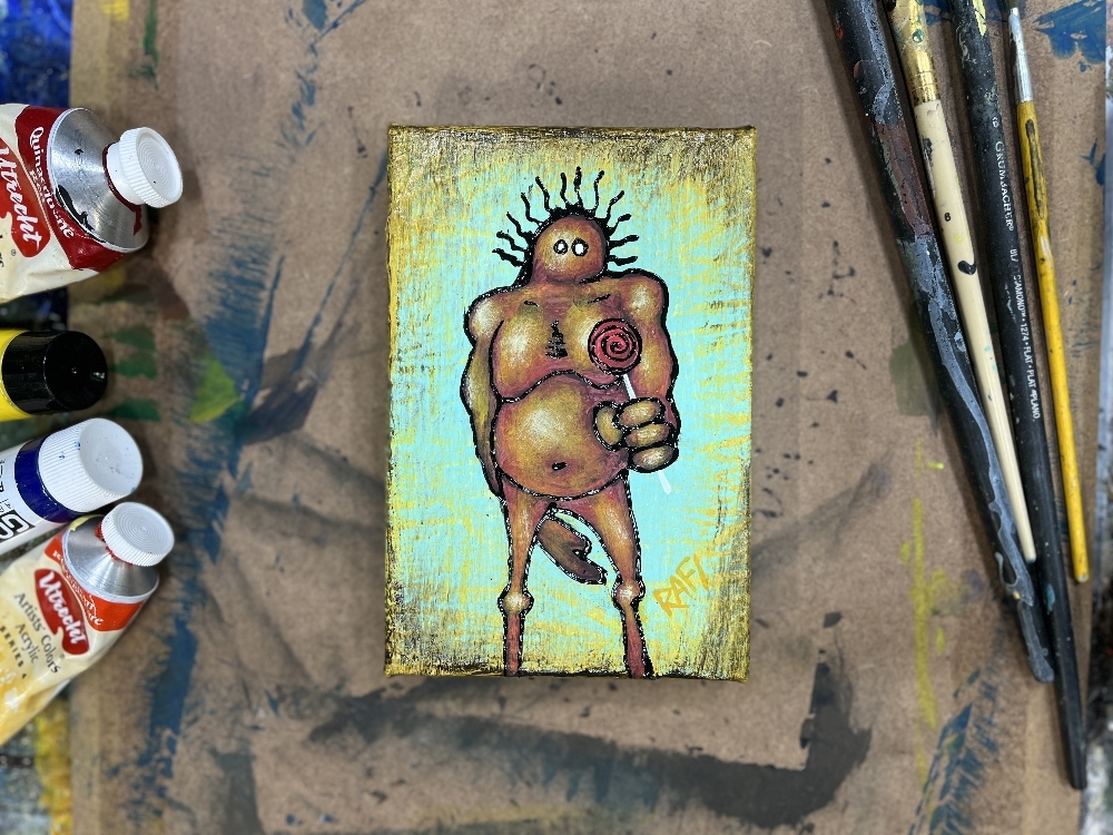 Me And It Series Art - Lollipop - Mixed Medium On Mini Stretched Canvas 4X6 By Rafi Perez - Image 2