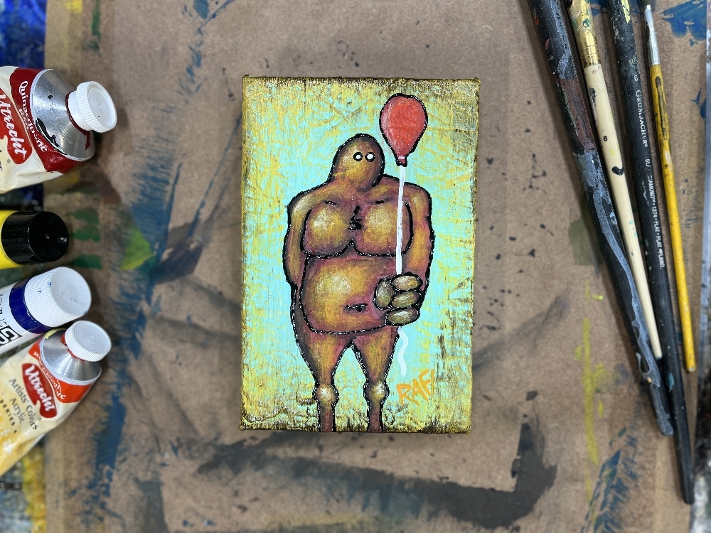 Me And It Series Art - Red Balloon - Mixed Medium On Mini Stretched Canvas 4X6 By Rafi Perez - Image 2