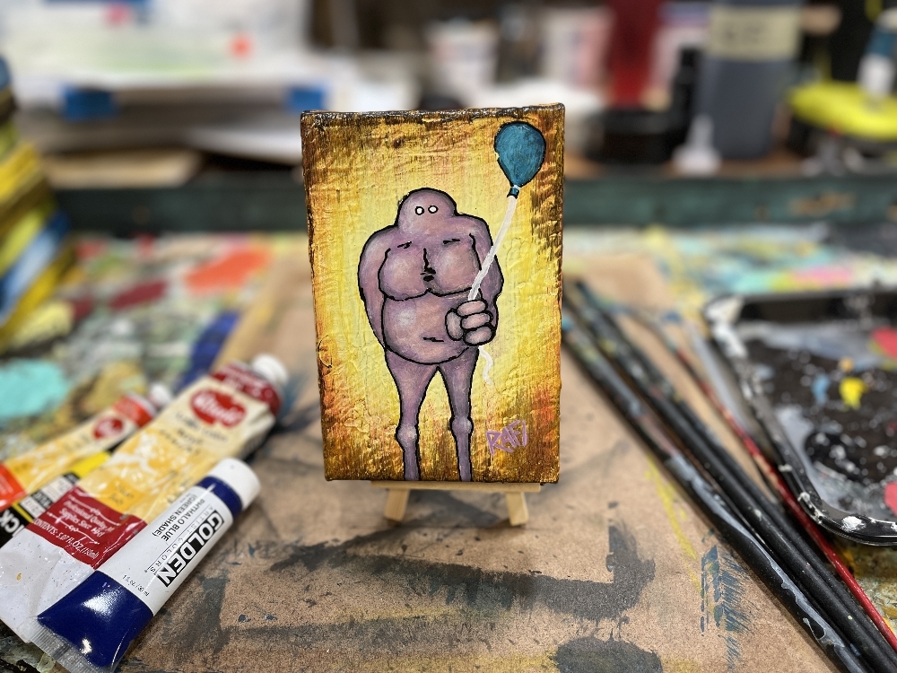 Me And It Series Art - Blue Balloon - Mixed Medium On Mini Stretched Canvas 4X6 By Rafi Perez - Image 2