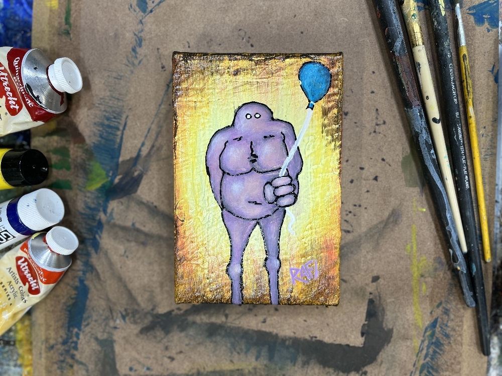 Me And It Series Art - Blue Balloon - Mixed Medium On Mini Stretched Canvas 4X6 By Rafi Perez - Image 3