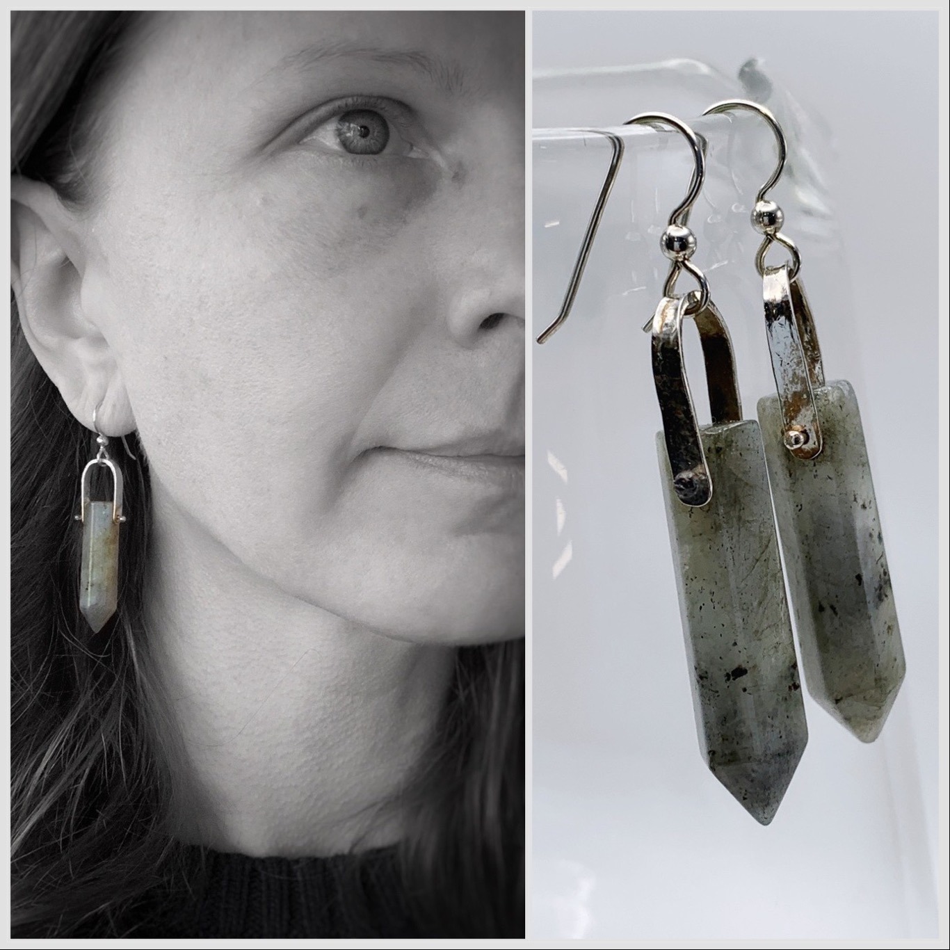Labradorite Crystal Point Statement Earrings / Solid Sterling Silver / Genuine Labradorite Points