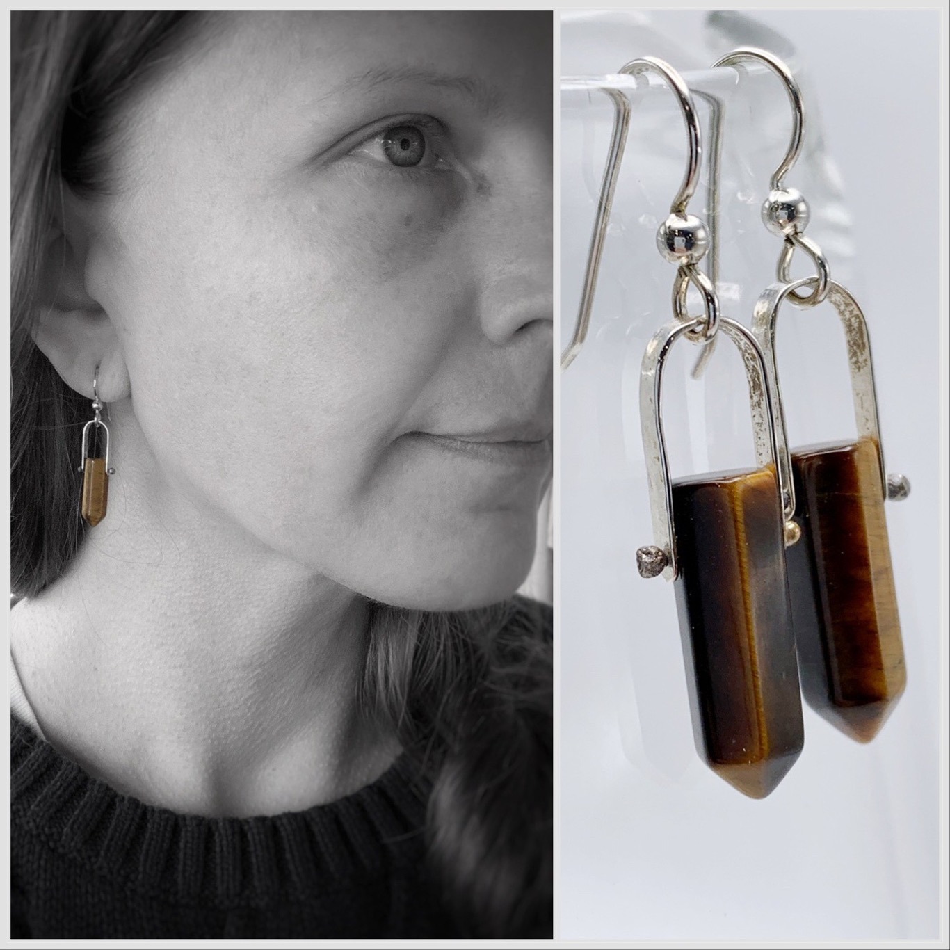 Tiger Eye Crystal Point Earrings / Solid Sterling Silver / Genuine Tiger Eye Points