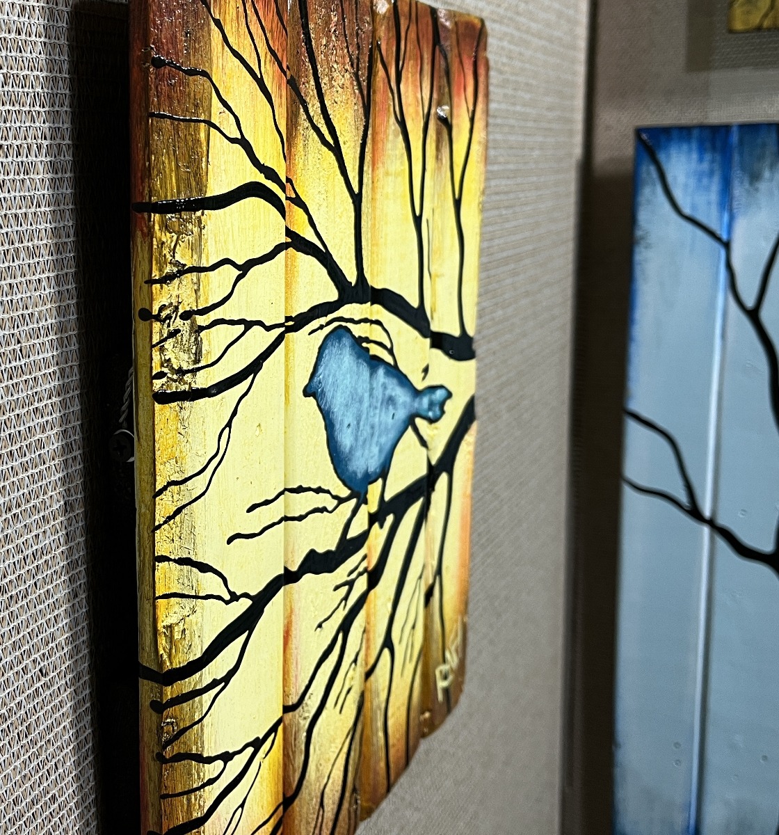 Azure Whispers in Autumn By Artist Rafi Perez Original Art On Reclaimed Wood 10X12 - Image 4