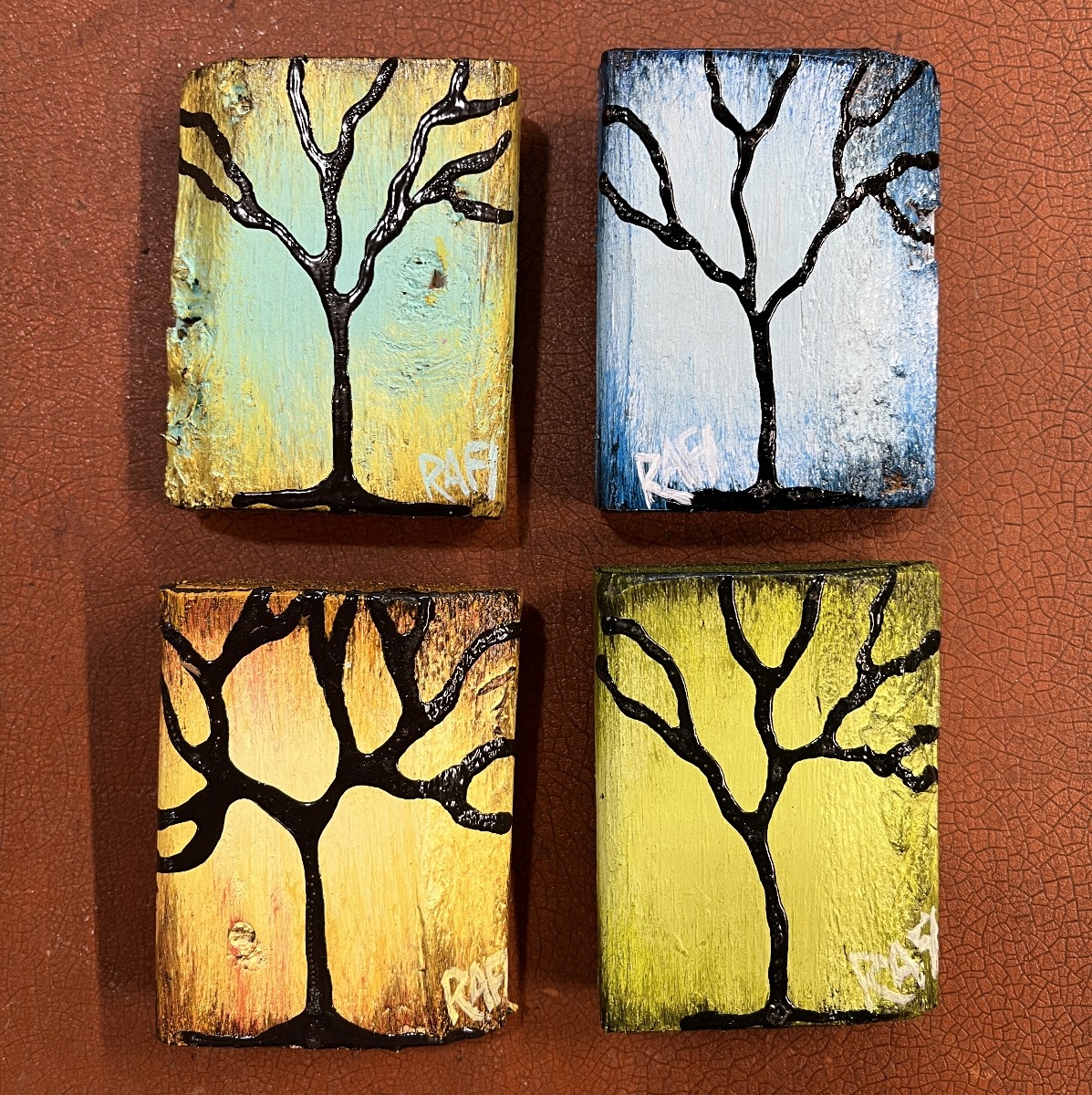 Seasons Of Change MINI Tree Paintings On Reclaimed Wood 4 Piece By Artist Rafi Perez