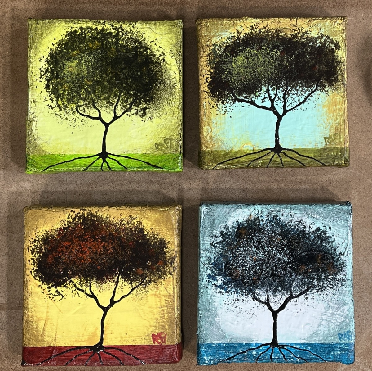 Seasonal JOY No. 1 Tree Paintings Mixed Medium On Canvas 4 Piece By Artist Rafi Perez 4X4