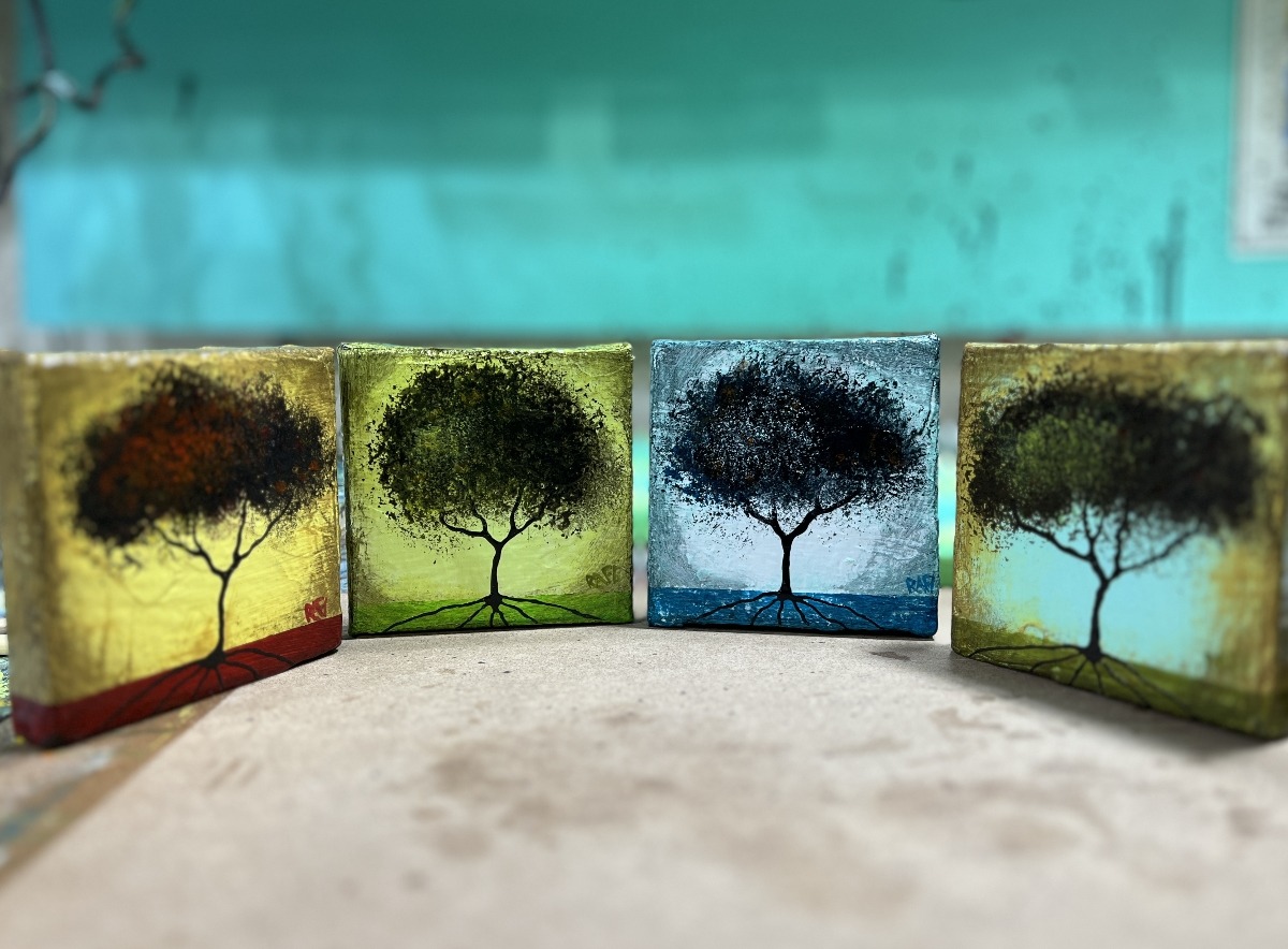 Seasonal JOY No. 1 Tree Paintings Mixed Medium On Canvas 4 Piece By Artist Rafi Perez 4X4 - Image 5