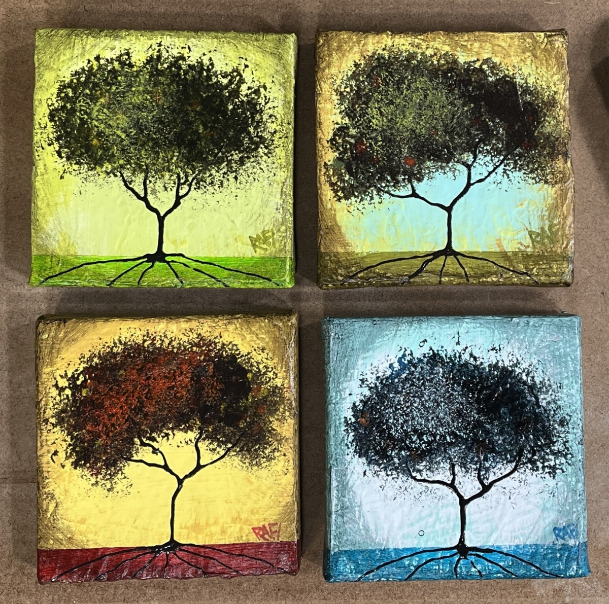 Seasonal JOY No. 2 Tree Paintings Mixed Medium On Canvas 4 Piece By Artist Rafi Perez 4X4