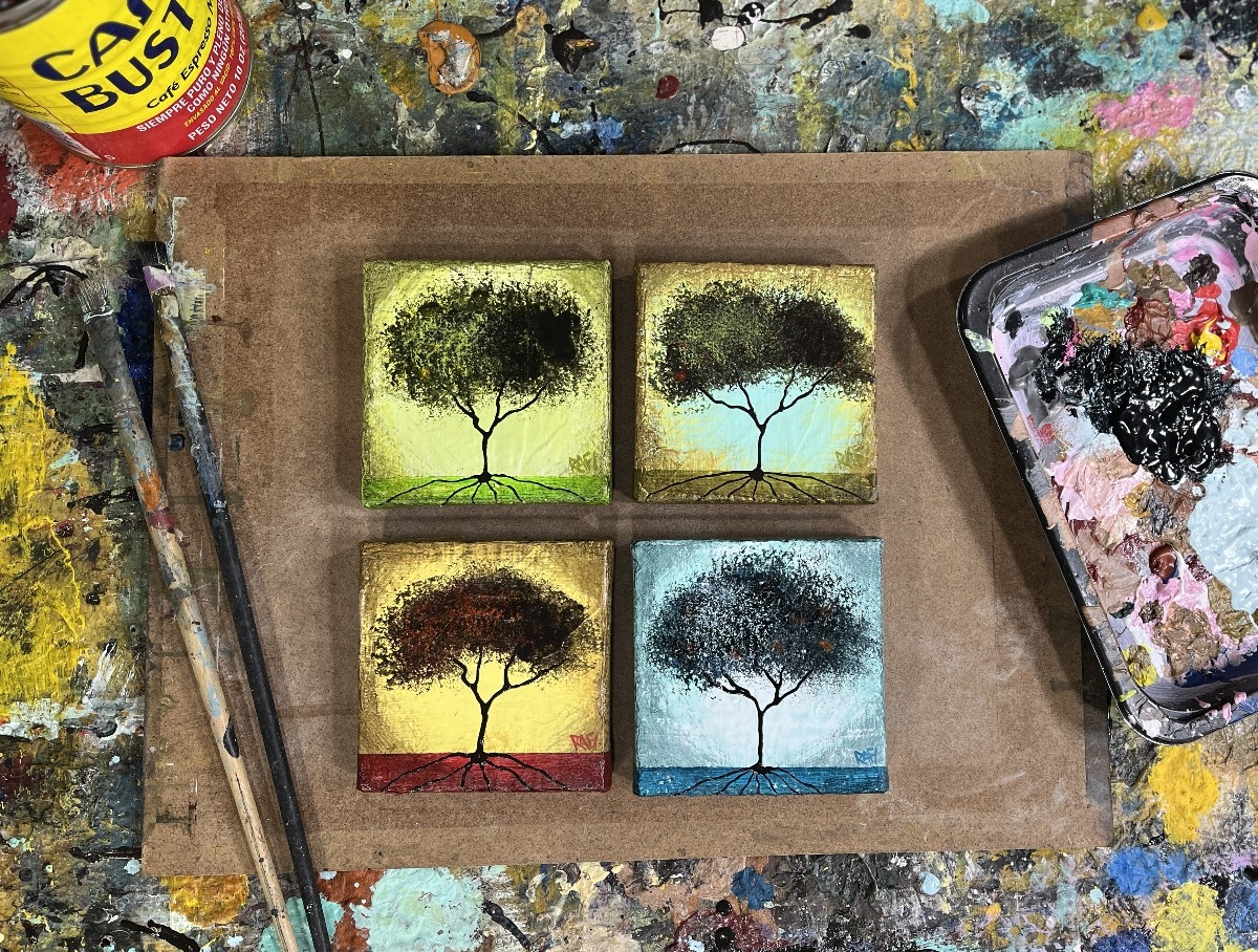 Seasonal JOY No. 4 Tree Paintings Mixed Medium On Canvas 4 Piece By Artist Rafi Perez 4X4 - Image 3
