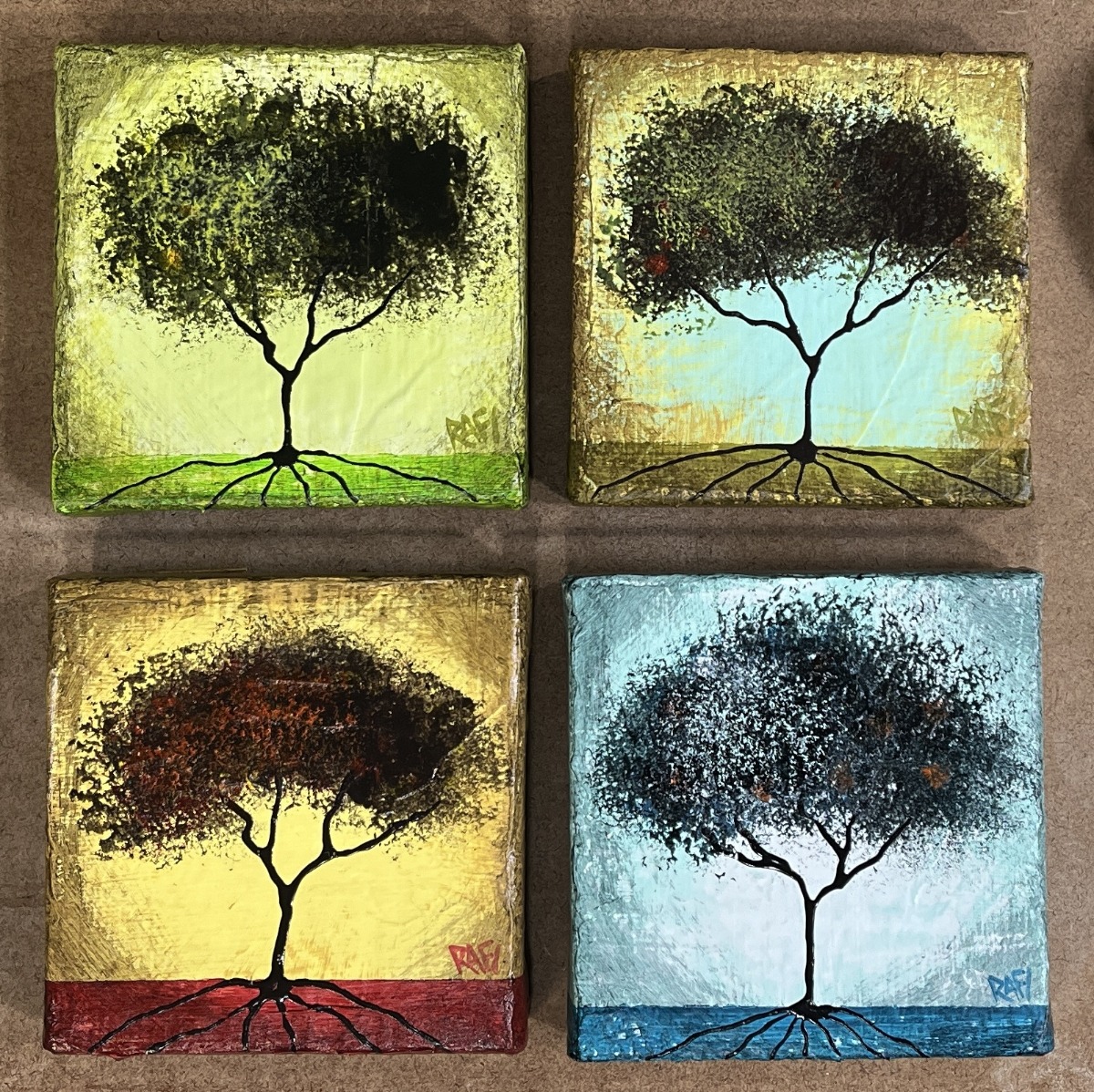 Seasonal JOY No. 4 Tree Paintings Mixed Medium On Canvas 4 Piece By Artist Rafi Perez 4X4
