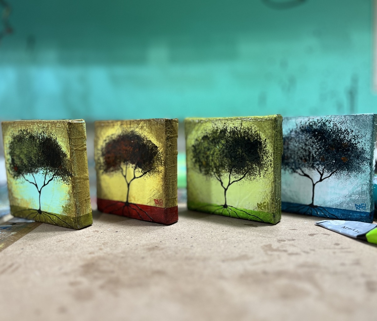 Seasonal JOY No. 4 Tree Paintings Mixed Medium On Canvas 4 Piece By Artist Rafi Perez 4X4 - Image 5