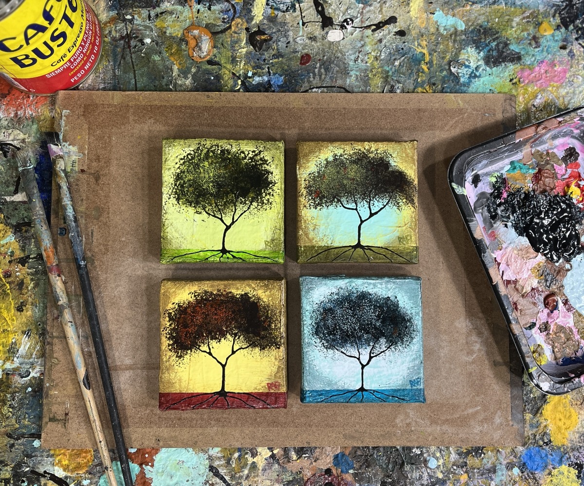 Seasonal JOY No. 5 Tree Paintings Mixed Medium On Canvas 4 Piece By Artist Rafi Perez 4X4 - Image 4