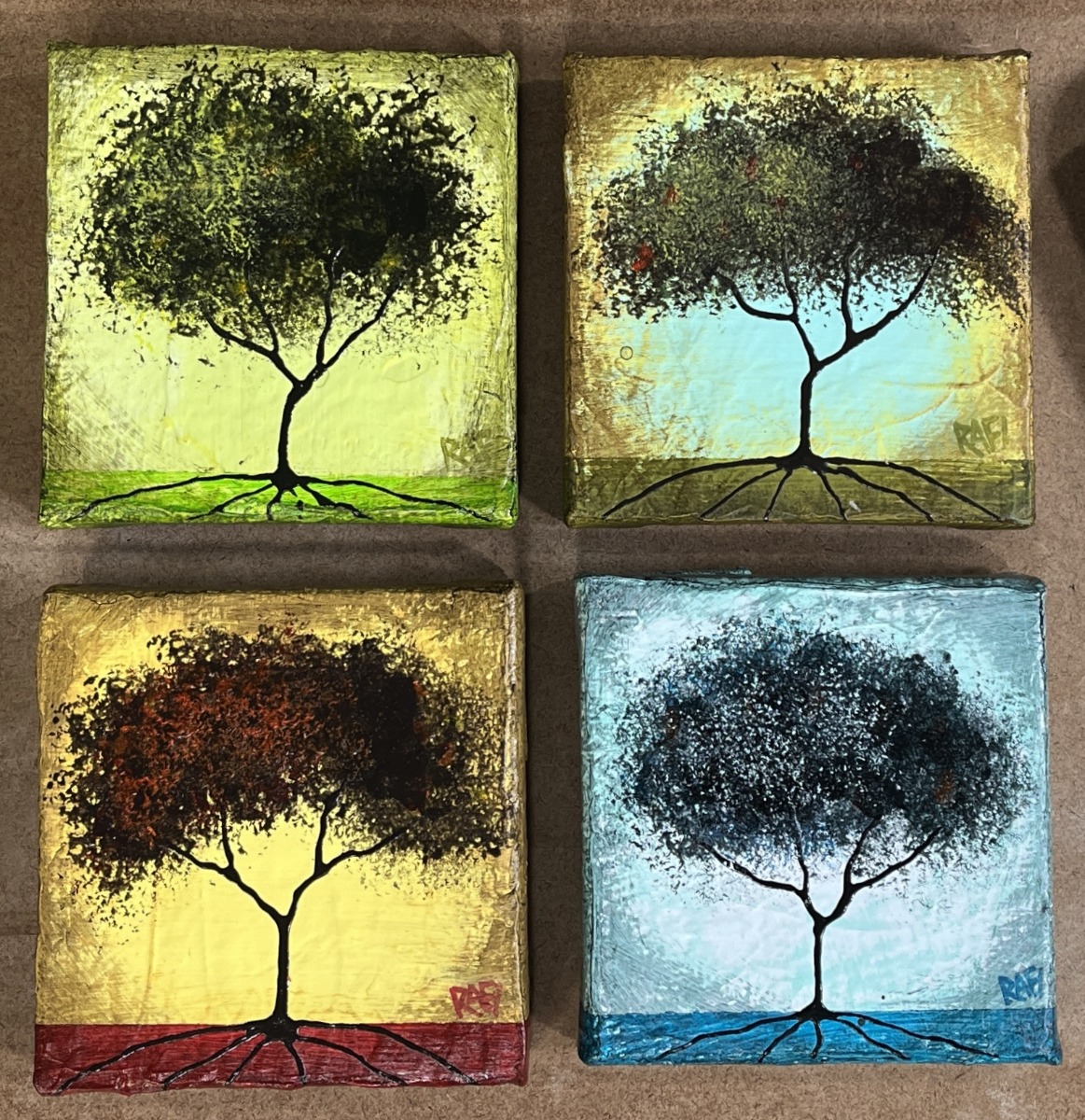 Seasonal JOY No. 5 Tree Paintings Mixed Medium On Canvas 4 Piece By Artist Rafi Perez 4X4