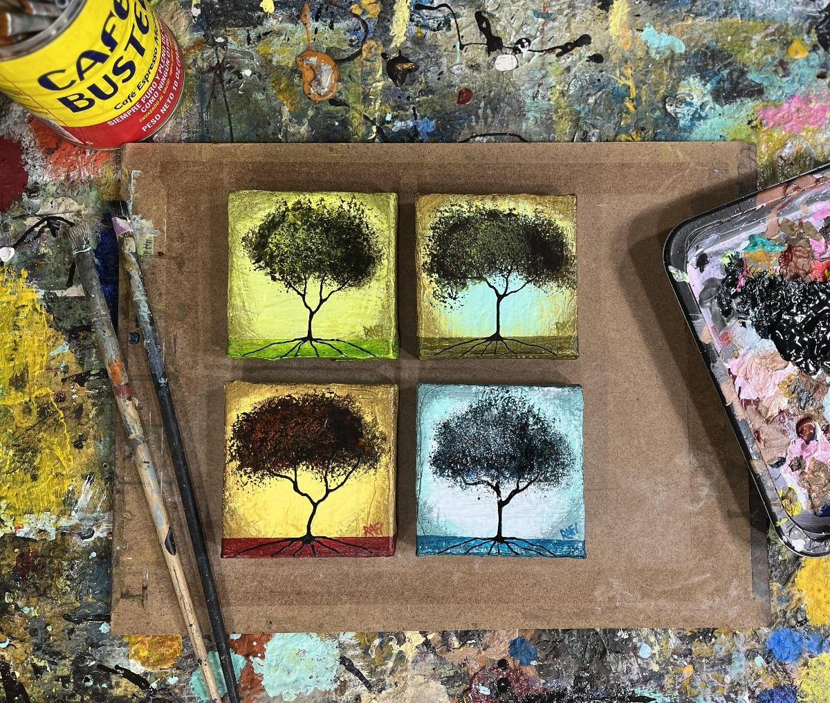Seasonal JOY No. 6 Tree Paintings Mixed Medium On Canvas 4 Piece By Artist Rafi Perez 4X4 - Image 2