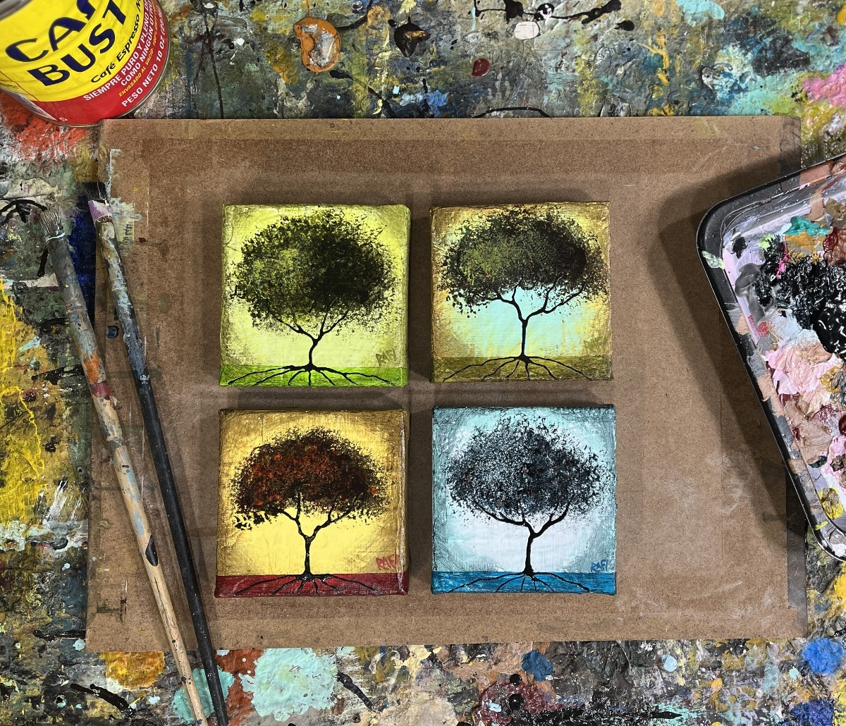 Seasonal JOY No. 7 Tree Paintings Mixed Medium On Canvas 4 Piece By Artist Rafi Perez 4X4 - Image 4