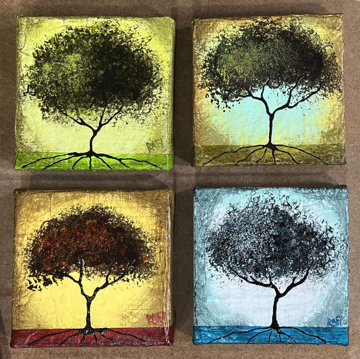 Seasonal JOY No. 7 Tree Paintings Mixed Medium On Canvas 4 Piece By Artist Rafi Perez 4X4